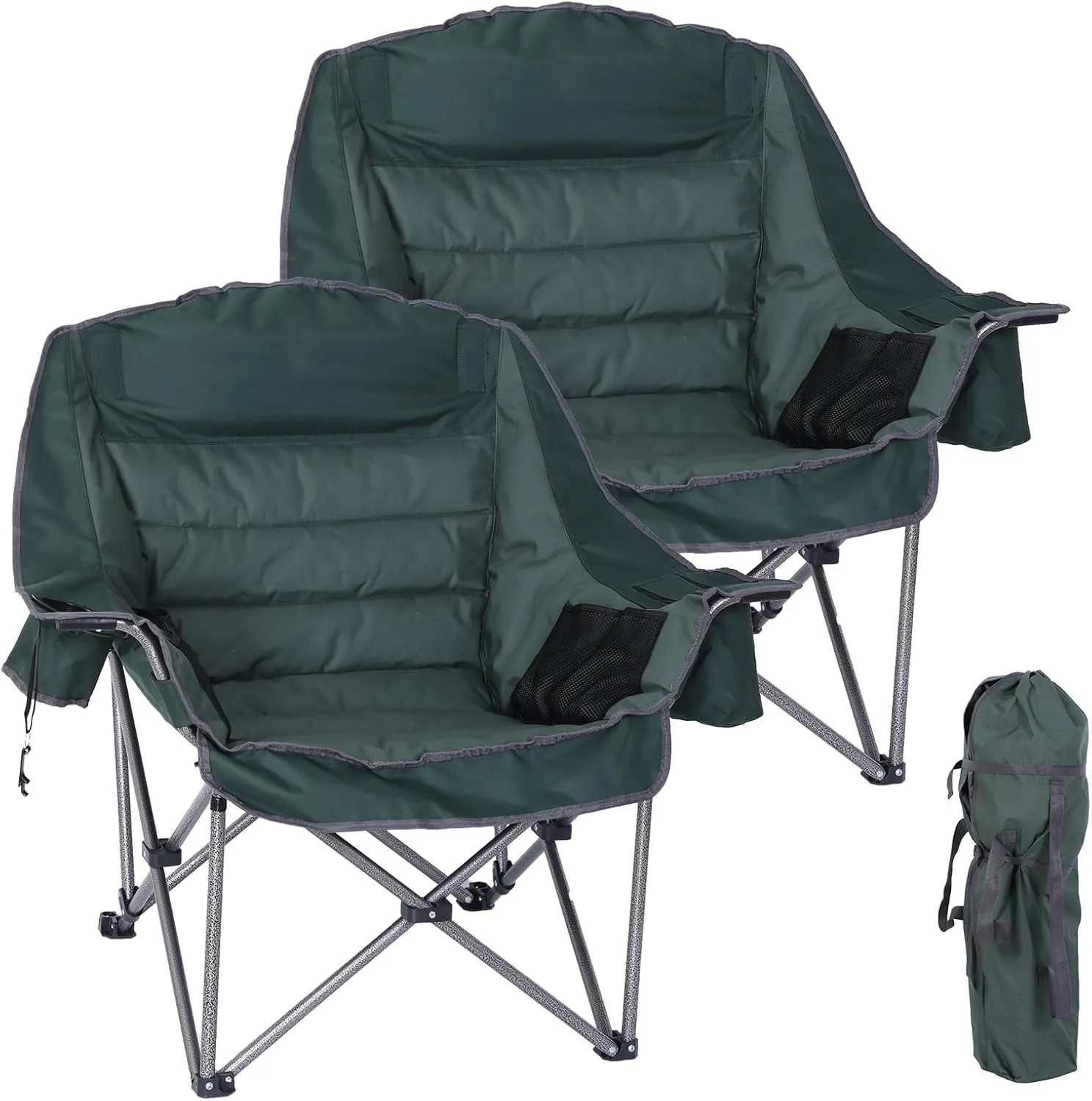 CDEN Oversized Camping Chair, Padded Lawn Chair, with Cup Holder, Side Pocket, Cooler Bag, for Camping, Hiking, Picnic, Travel, Festiva (2 Pack, Green)
