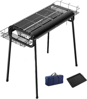 Charcoal Grill Portable Travel Folding Tall Barbecue with Independent Tank and Seasoning Basket for Camping, Picnic, Outdoor, Black - 28.7" X 14.6'' 32