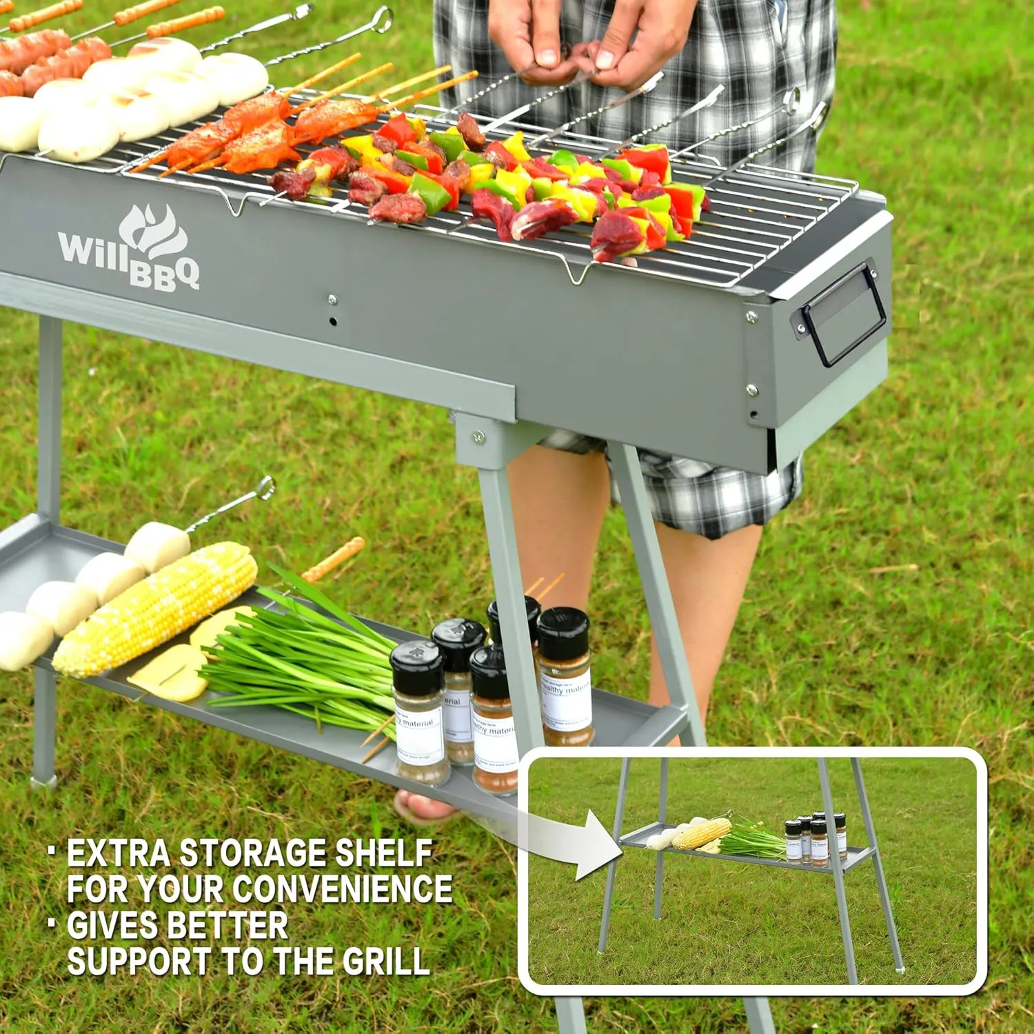 Charcoal Grills Commercial Quality Portable Multiple Size Hibachi BBQ Lamb Skewer Folded Camping Barbecue Grill for Garden Backyard Party Picnic Travel Outdoor Cooking Use(31.6x10.3x5.1 inch)