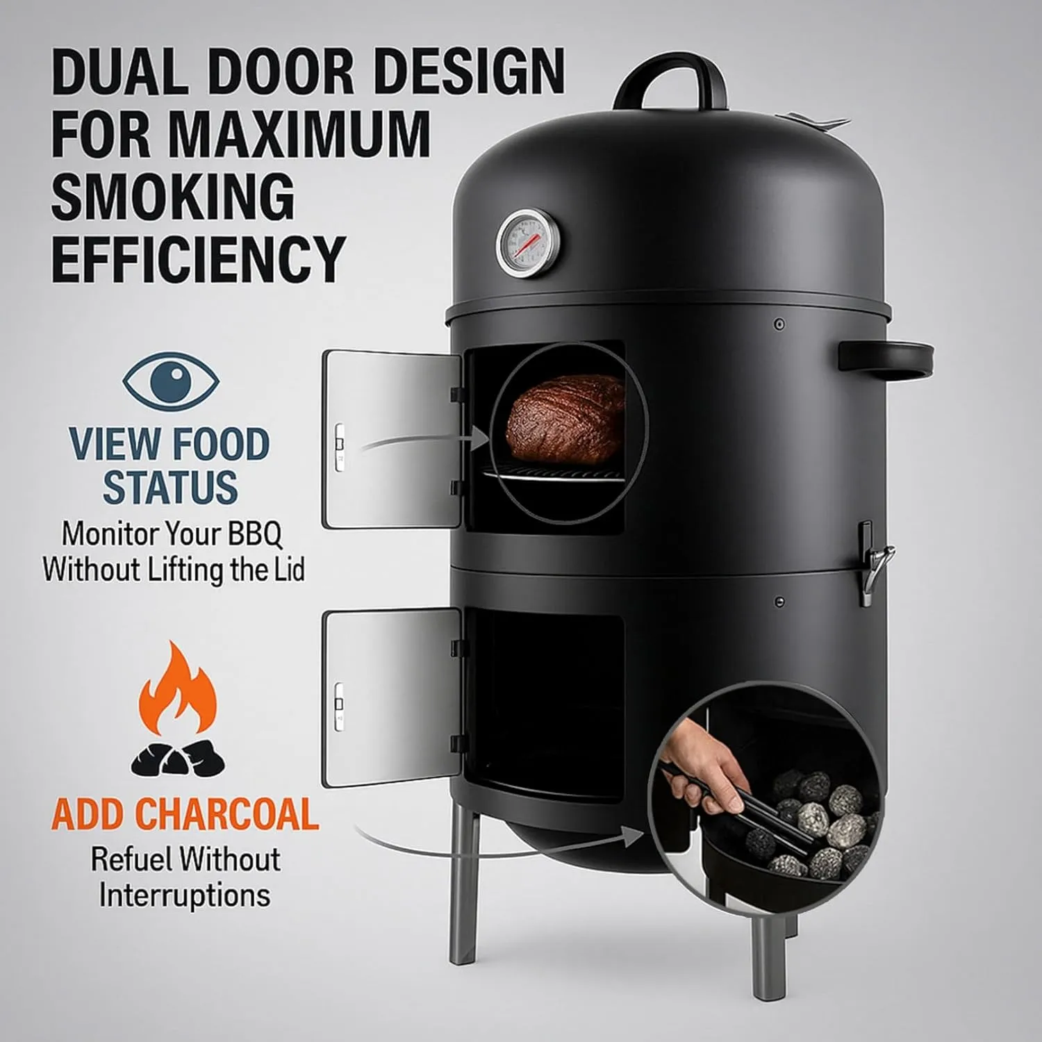 Charcoal Smoker BBQ Grills: Vertical Meat Smokers with Cover - Premium Barbecue Charcoal Grill Combo for Patio Backyard Outdoor Cooking Picnic Party Grilling - Black