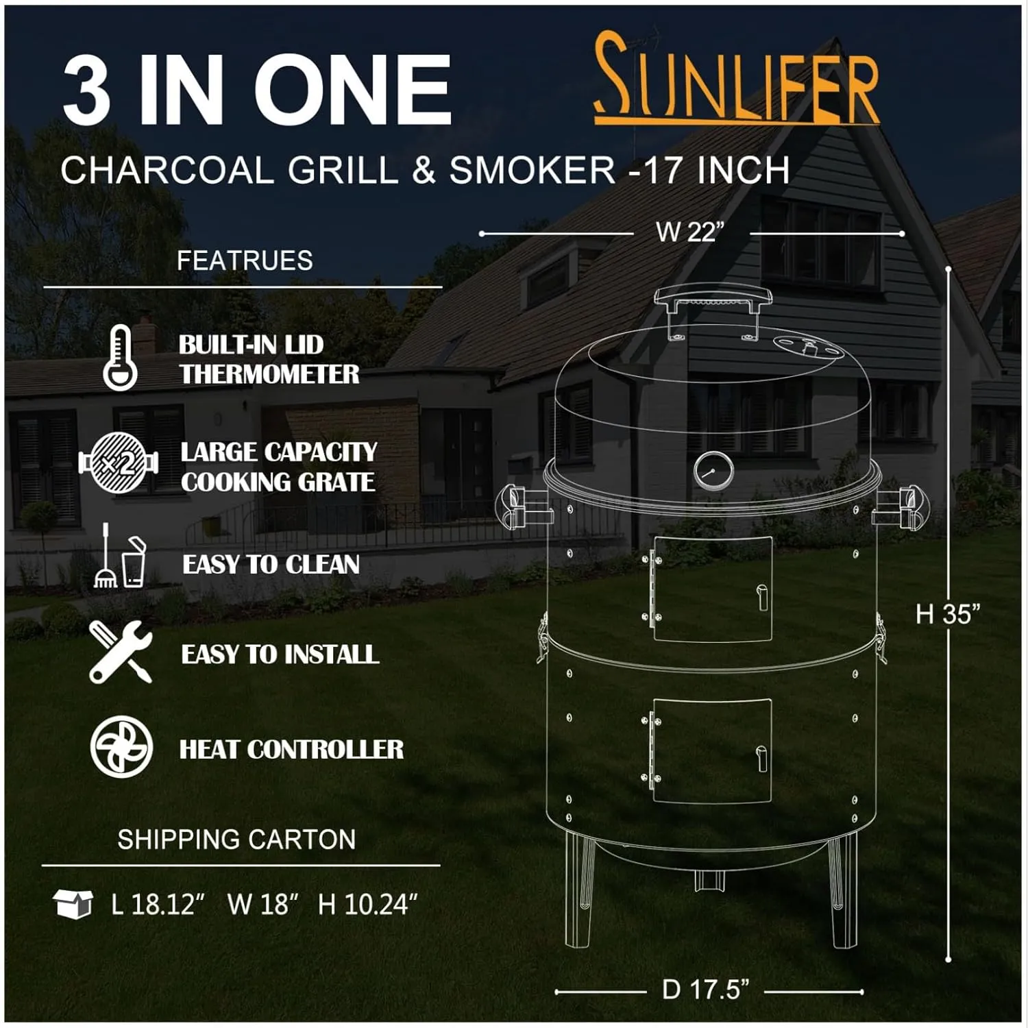 Charcoal Smoker BBQ Grills: Vertical Meat Smokers with Cover - Premium Barbecue Charcoal Grill Combo for Patio Backyard Outdoor Cooking Picnic Party Grilling - Black