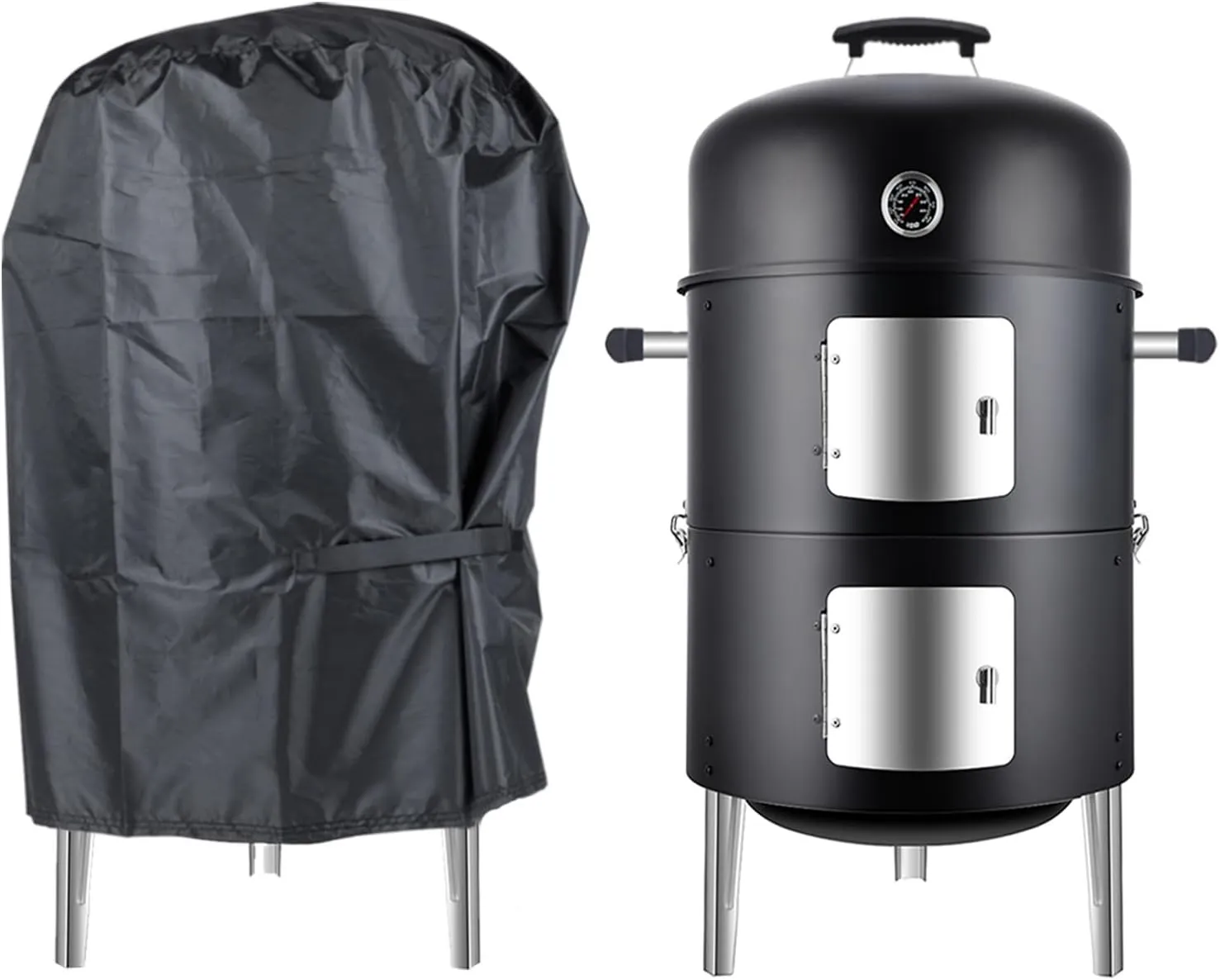 Charcoal Smoker BBQ Grills: Vertical Meat Smokers with Cover - Premium Barbecue Charcoal Grill Combo for Patio Backyard Outdoor Cooking Picnic Party Grilling - Black