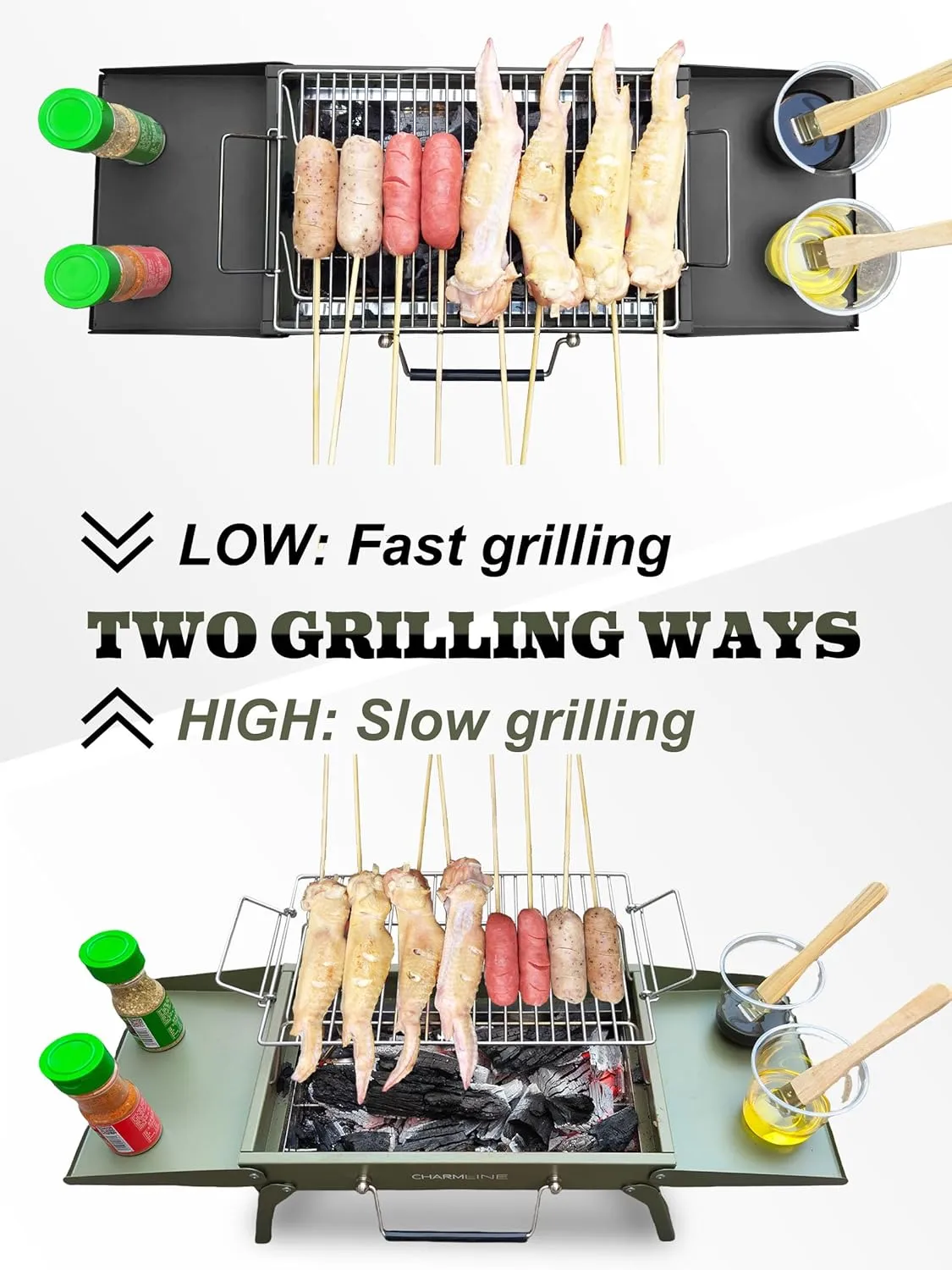 Charmline 14x9inch Foldable Portable Grill Charcoal, Compact Portable Grill for Outdoor Use, Desktop Charcoal Grill, BBQ Grill for Camping, Picnics, Gardens and Beach Parties, Green, Black