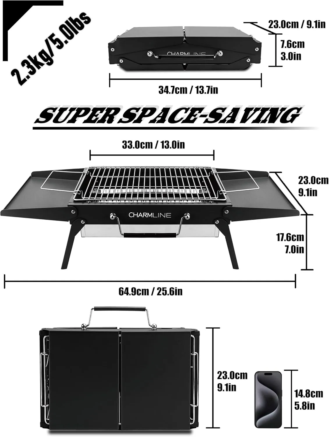 Charmline 14x9inch Foldable Portable Grill Charcoal, Compact Portable Grill for Outdoor Use, Desktop Charcoal Grill, BBQ Grill for Camping, Picnics, Gardens and Beach Parties, Green, Black