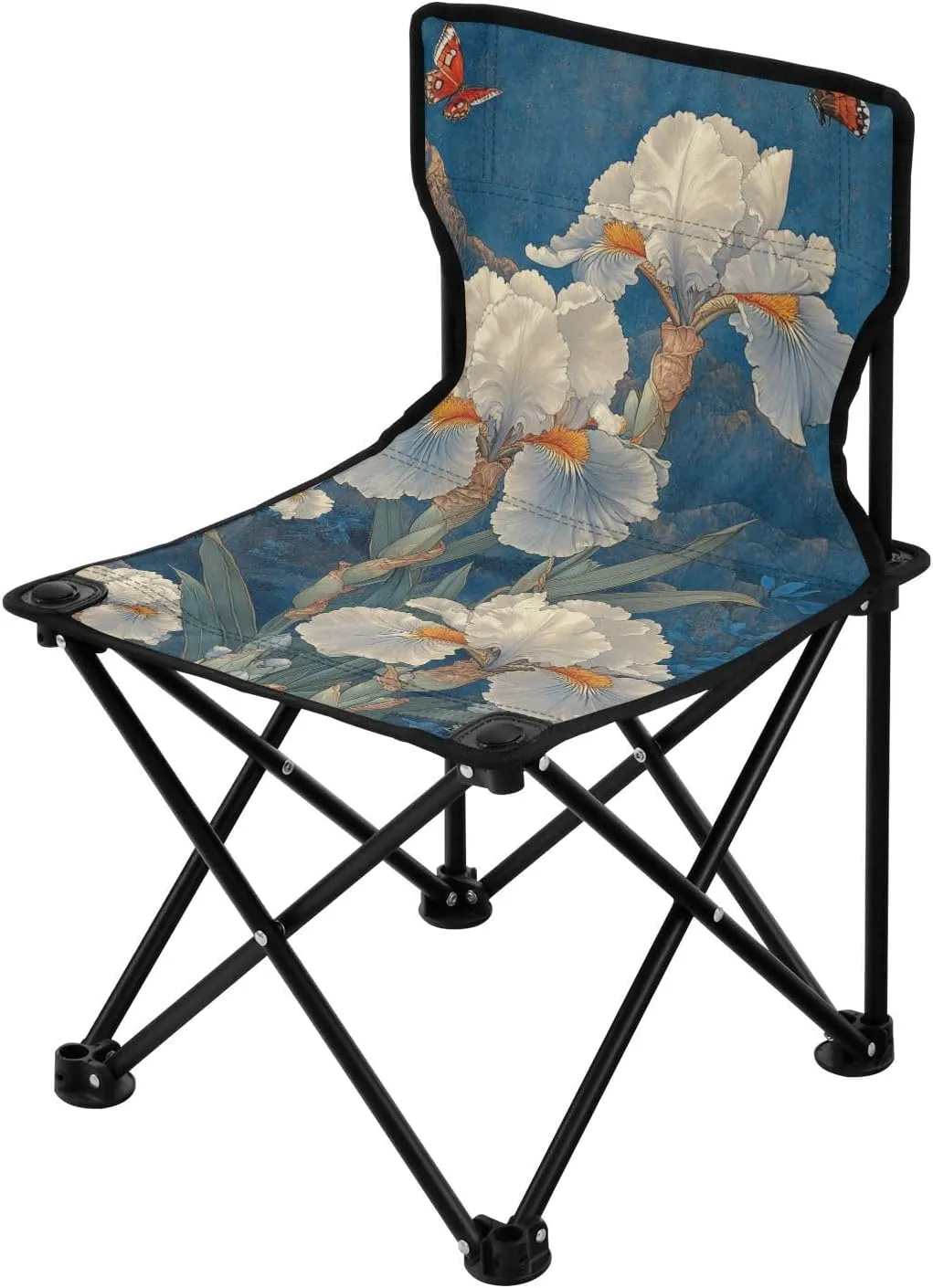 Chinese Style White Iris Butterflies Backpack Beach Chairs for Adults Ultralight Portable Folding Chair with Carrying Bag Portable Chair for Waiting in Line for Ice Fishing Outside