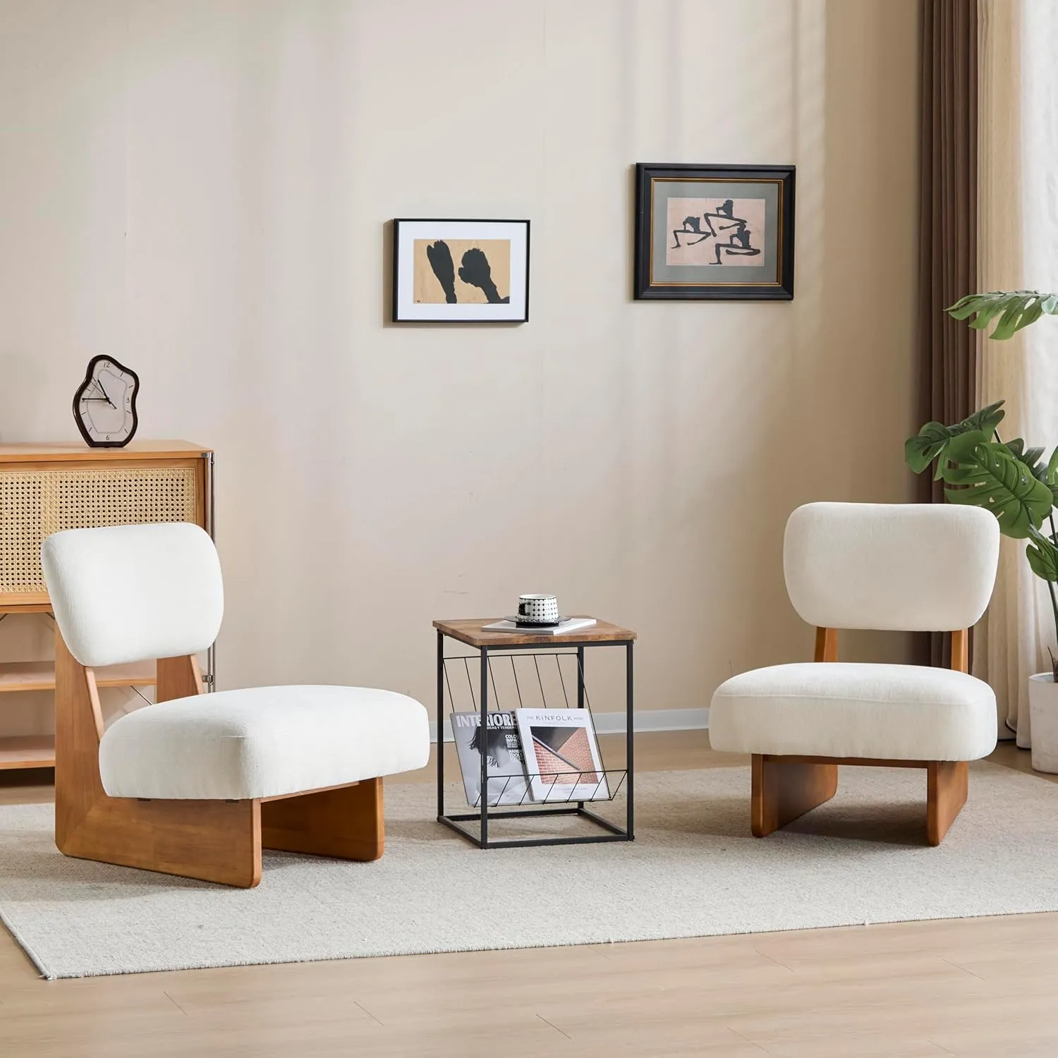 Christopher Knight Home Mores Low Profile Accent Chair Set of 2, Modern Living Room Armless Lounge Chair, Fabric Comfy Reading Chair for Bedroom, Wooden Frame and Thick Padded Seat, Beige   Natural