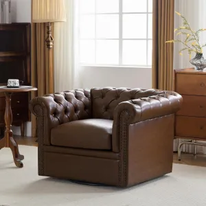 Christopher Knight Home Oakley Chesterfield Faux Leather Upholstered Club Chair,Button-Tufted 360° Swivel Chair,Scrolled Arm Living Room Sofa Chair, No Assembly Required Furniture, Dark Brown