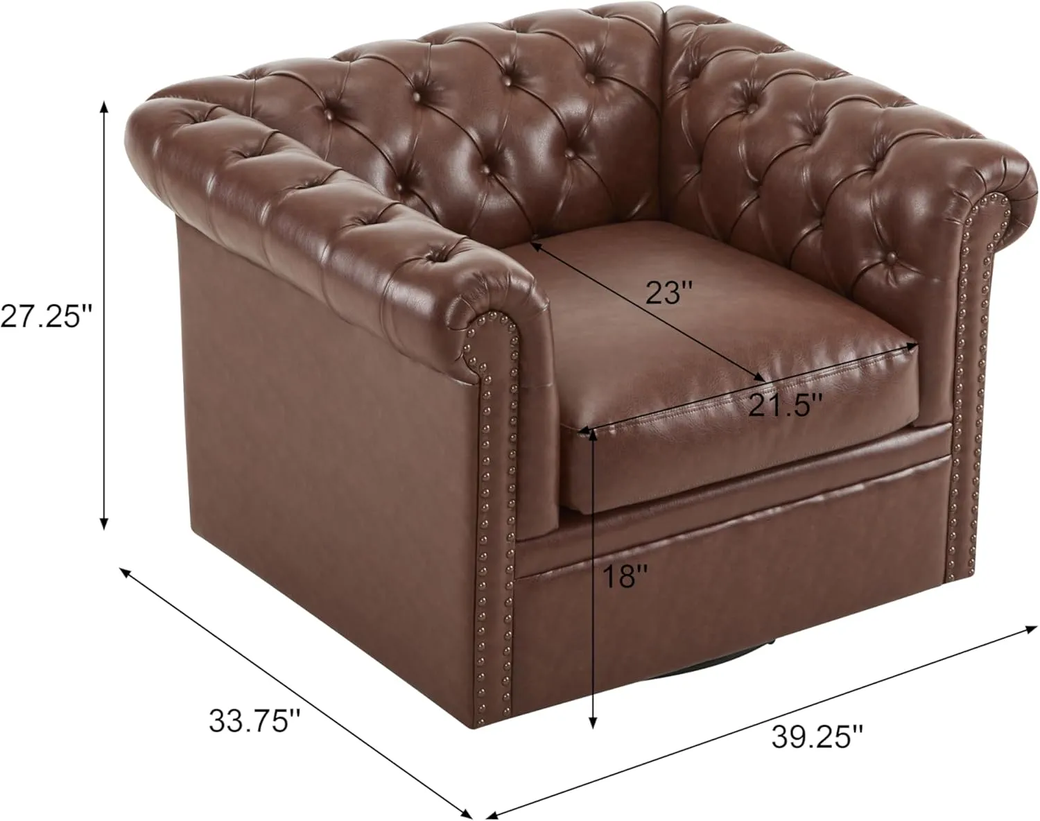 Christopher Knight Home Oakley Chesterfield Faux Leather Upholstered Club Chair,Button-Tufted 360° Swivel Chair,Scrolled Arm Living Room Sofa Chair, No Assembly Required Furniture, Dark Brown