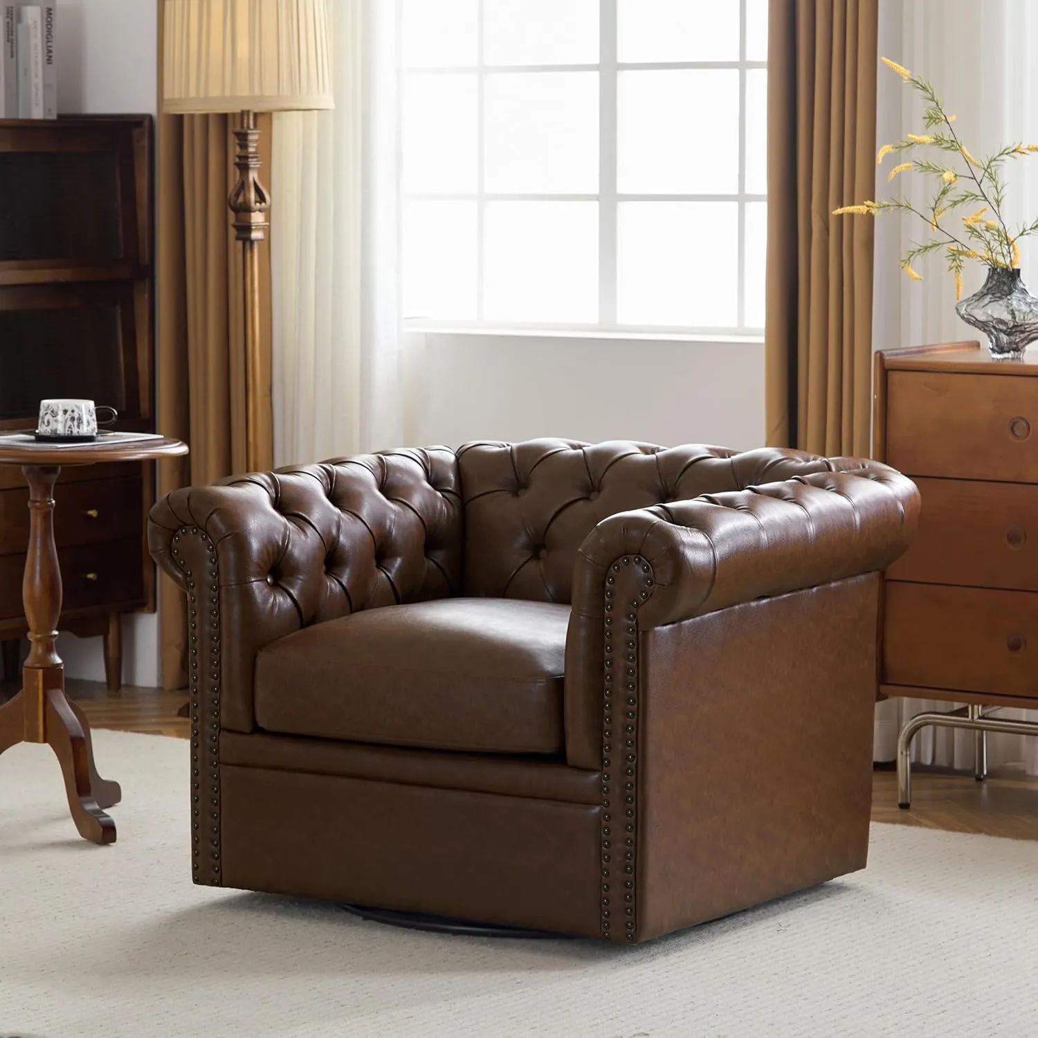 Christopher Knight Home Oakley Chesterfield Faux Leather Upholstered Club Chair,Button-Tufted 360° Swivel Chair,Scrolled Arm Living Room Sofa Chair, No Assembly Required Furniture, Dark Brown