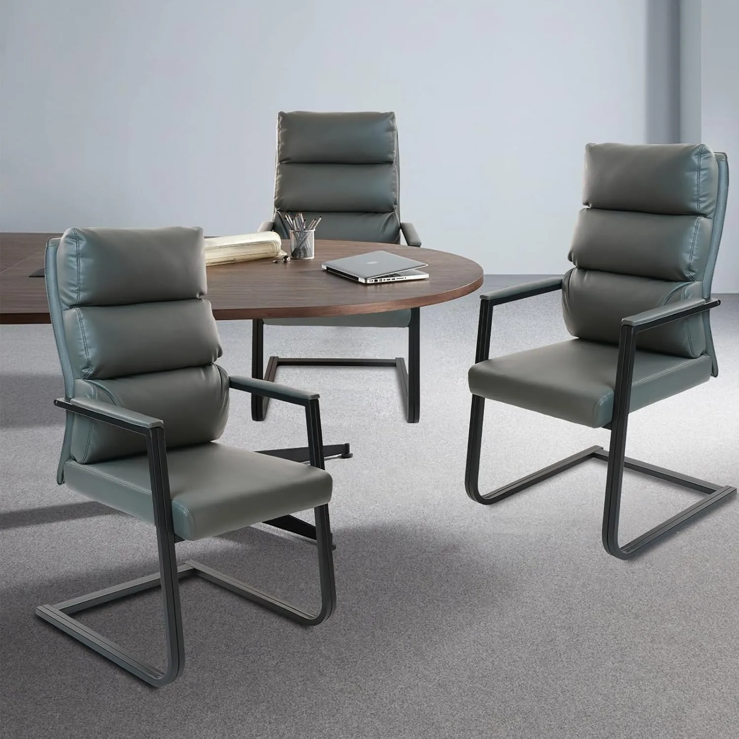 CLATINA 500lbs Big and Tall Office Chair Upholstered Leather Comfortable Reception Chairs with Sled Base and Bonded Padded Arm Rest for Conference Waiting Room Home Gray Set of 2