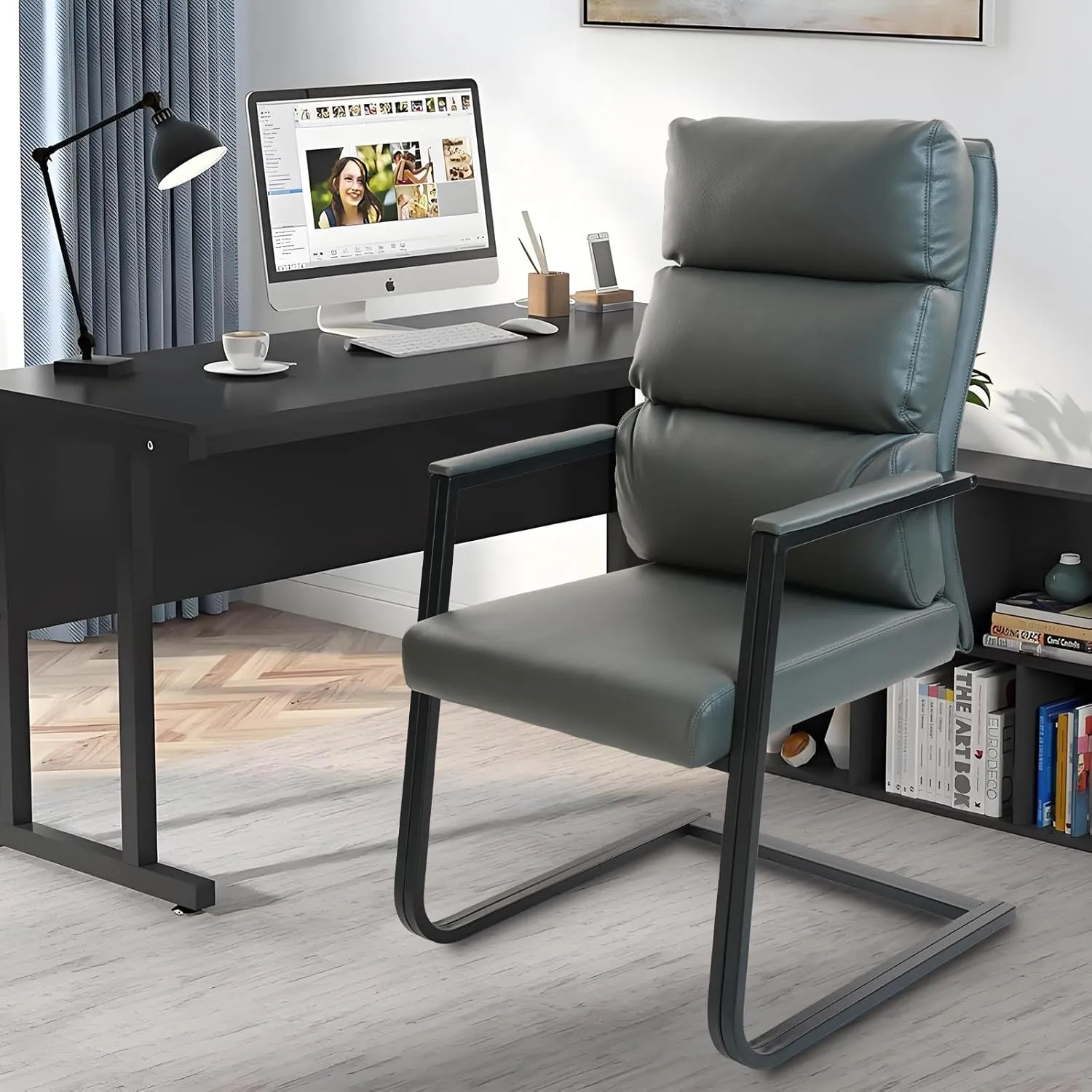 CLATINA 500lbs Big and Tall Office Chair Upholstered Leather Comfortable Reception Chairs with Sled Base and Bonded Padded Arm Rest for Conference Waiting Room Home Gray Set of 2