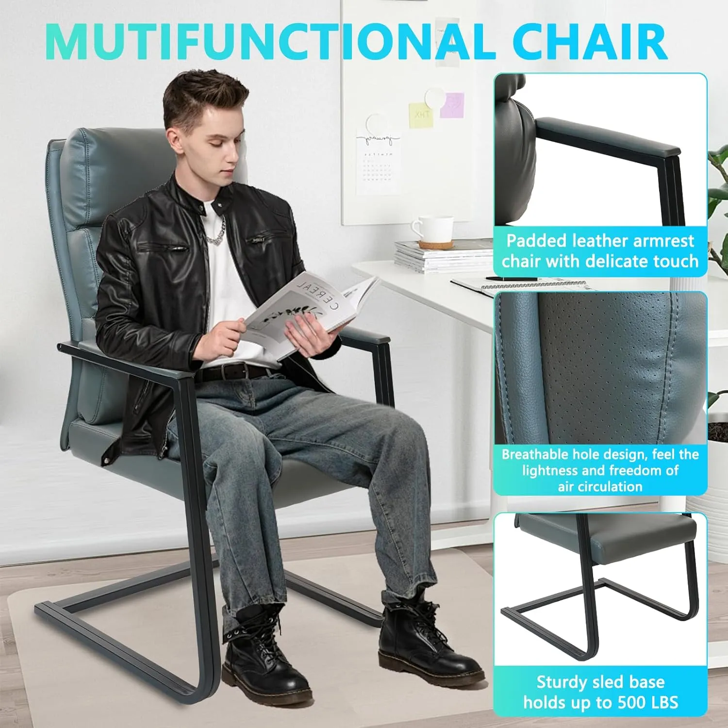 CLATINA 500lbs Big and Tall Office Chair Upholstered Leather Comfortable Reception Chairs with Sled Base and Bonded Padded Arm Rest for Conference Waiting Room Home Gray Set of 2