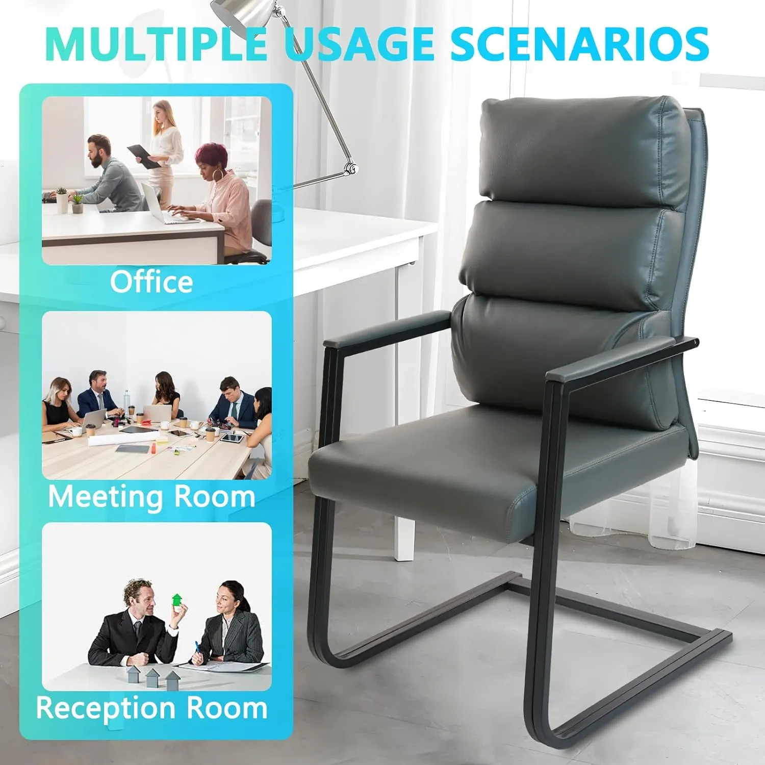 CLATINA 500lbs Big and Tall Office Chair Upholstered Leather Comfortable Reception Chairs with Sled Base and Bonded Padded Arm Rest for Conference Waiting Room Home Gray Set of 2