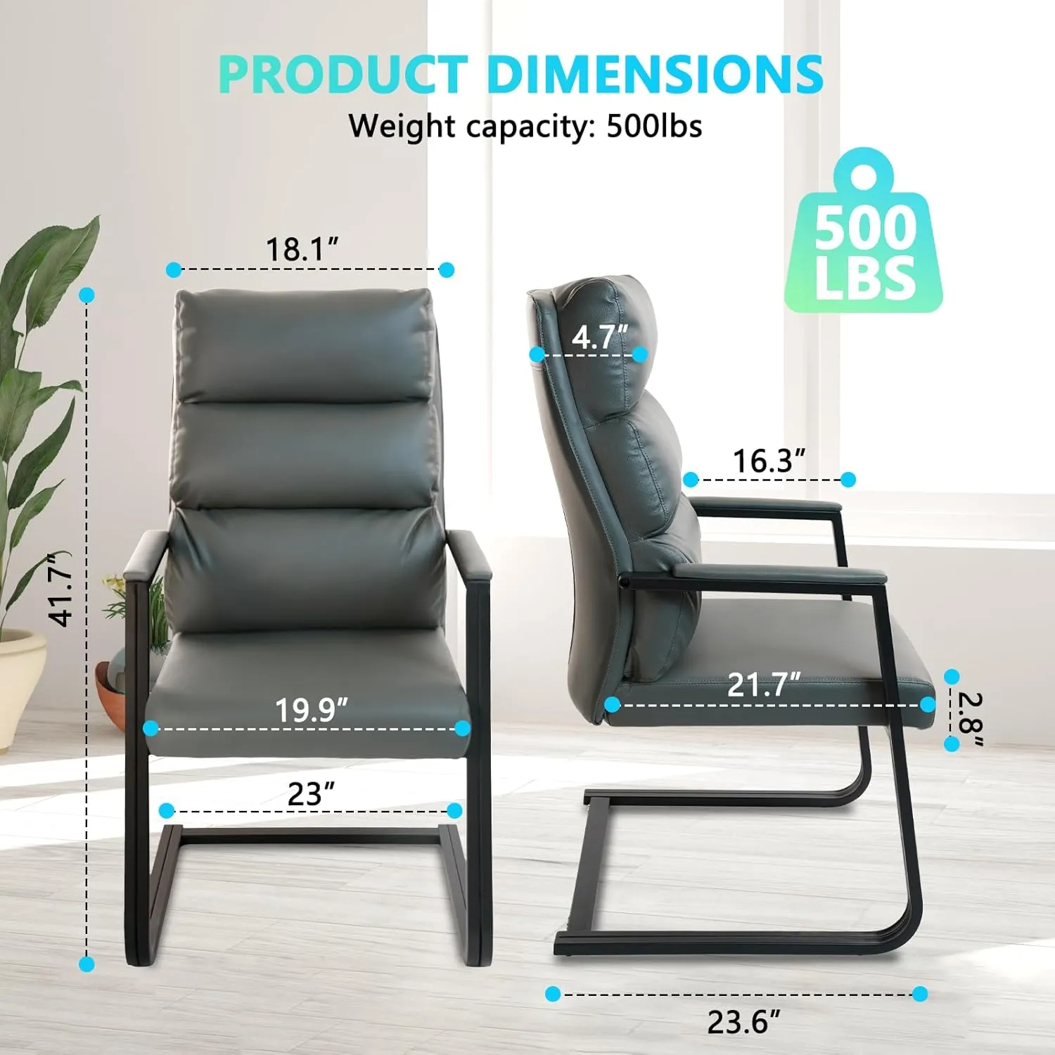 CLATINA 500lbs Big and Tall Office Chair Upholstered Leather Comfortable Reception Chairs with Sled Base and Bonded Padded Arm Rest for Conference Waiting Room Home Gray Set of 2