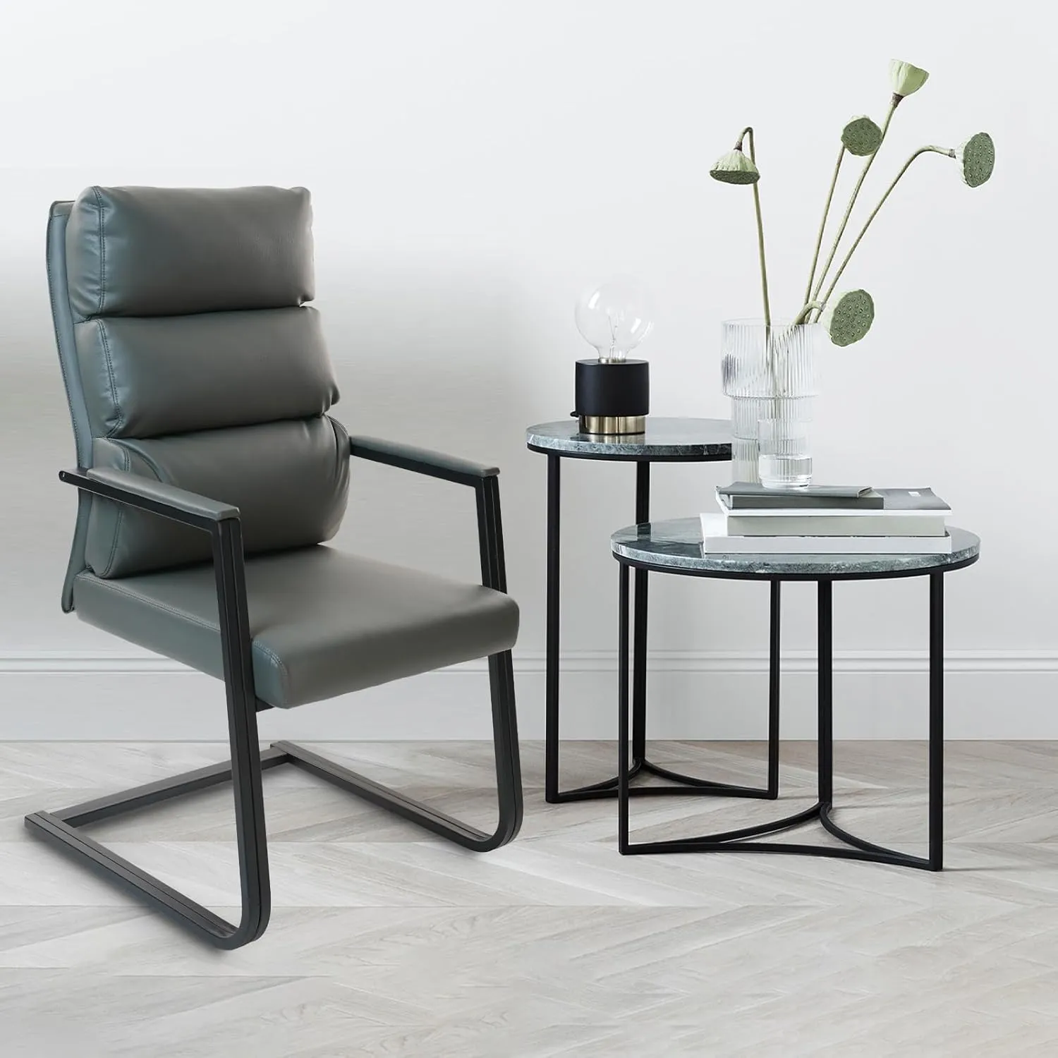 CLATINA 500lbs Big and Tall Office Chair Upholstered Leather Comfortable Reception Chairs with Sled Base and Bonded Padded Arm Rest for Conference Waiting Room Home Gray Set of 2