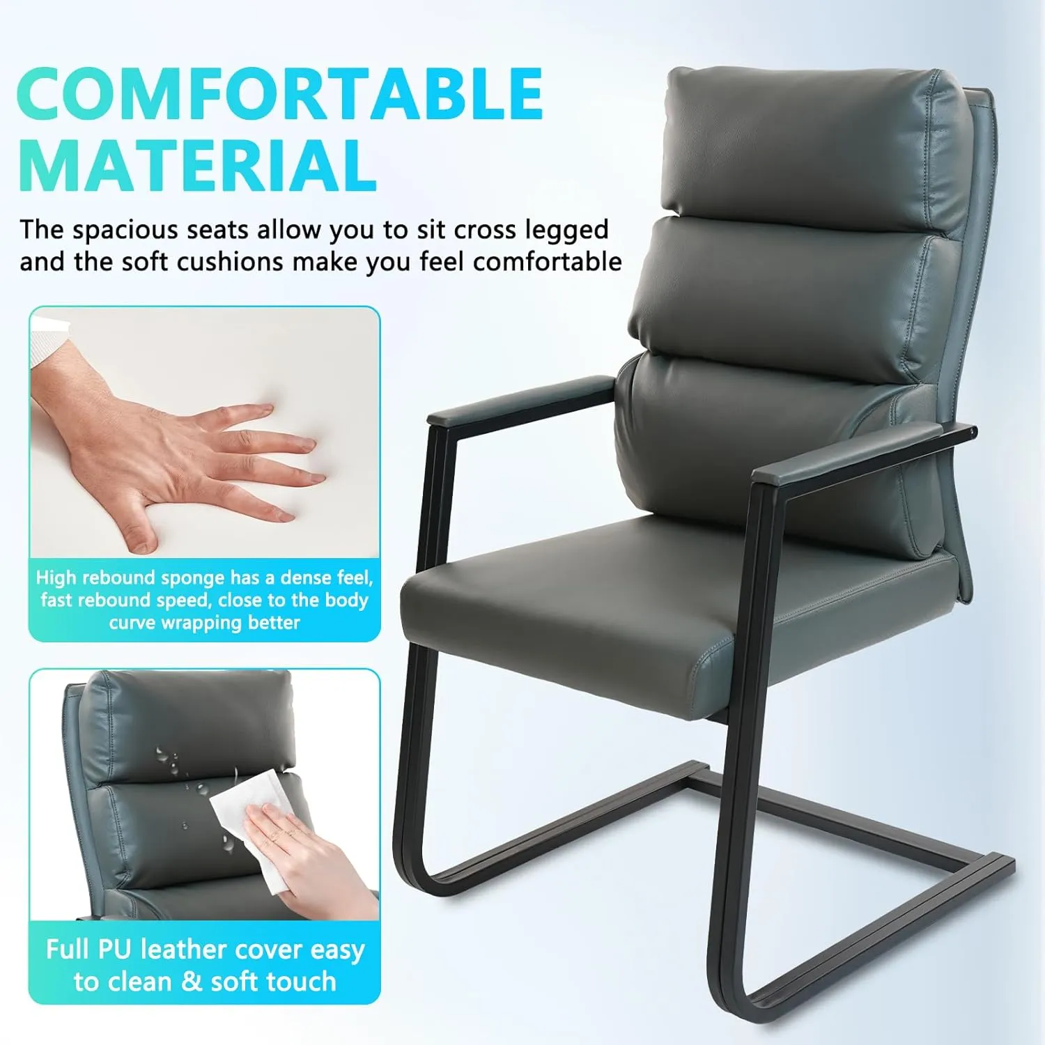 CLATINA 500lbs Big and Tall Office Chair Upholstered Leather Comfortable Reception Chairs with Sled Base and Bonded Padded Arm Rest for Conference Waiting Room Home Gray Set of 2