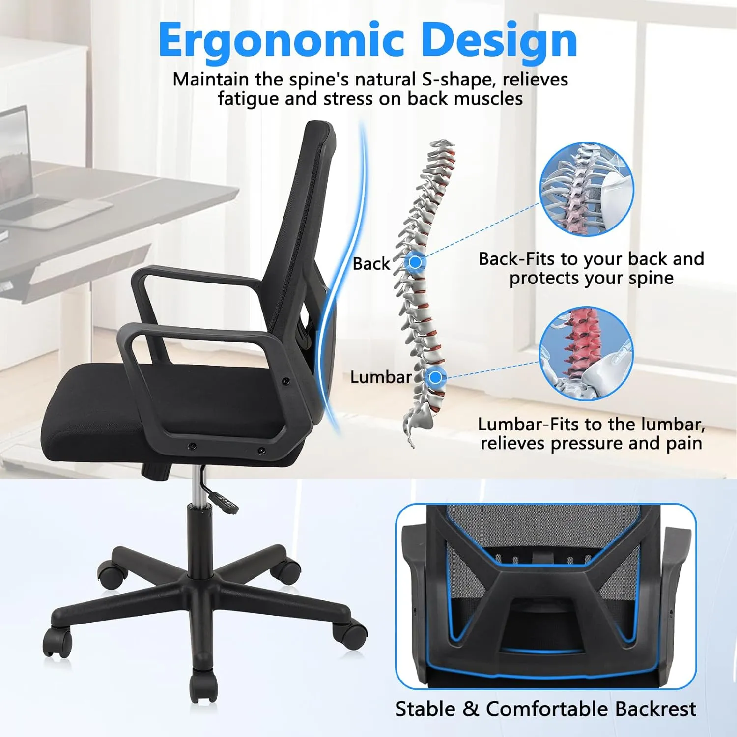 CLATINA Foldable Office Chair with Wheels, Ergonomic Mesh Office Chairs Adjustable Height, Folding Back Desk Chair for Home Office Conference Room, Space Saving, Black 1 Pack