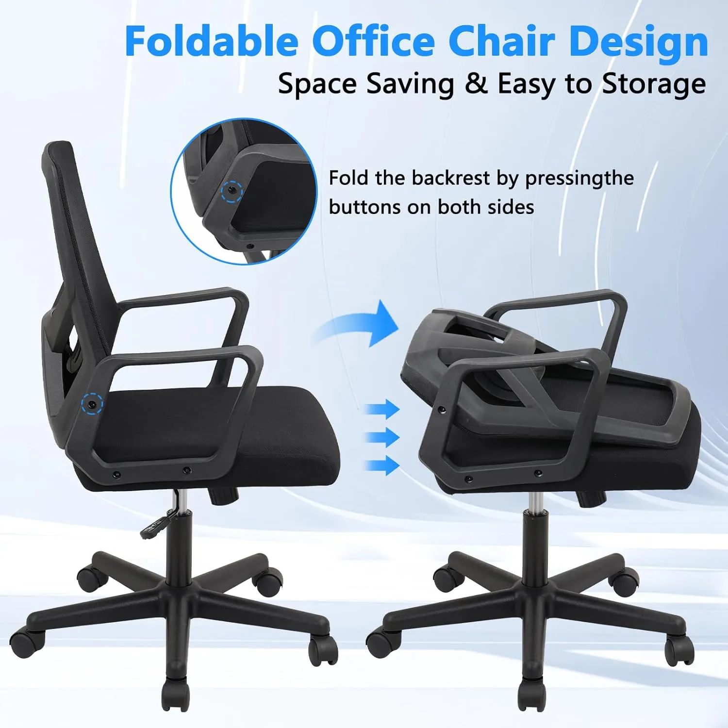 CLATINA Foldable Office Chair with Wheels, Ergonomic Mesh Office Chairs Adjustable Height, Folding Back Desk Chair for Home Office Conference Room, Space Saving, Black 1 Pack