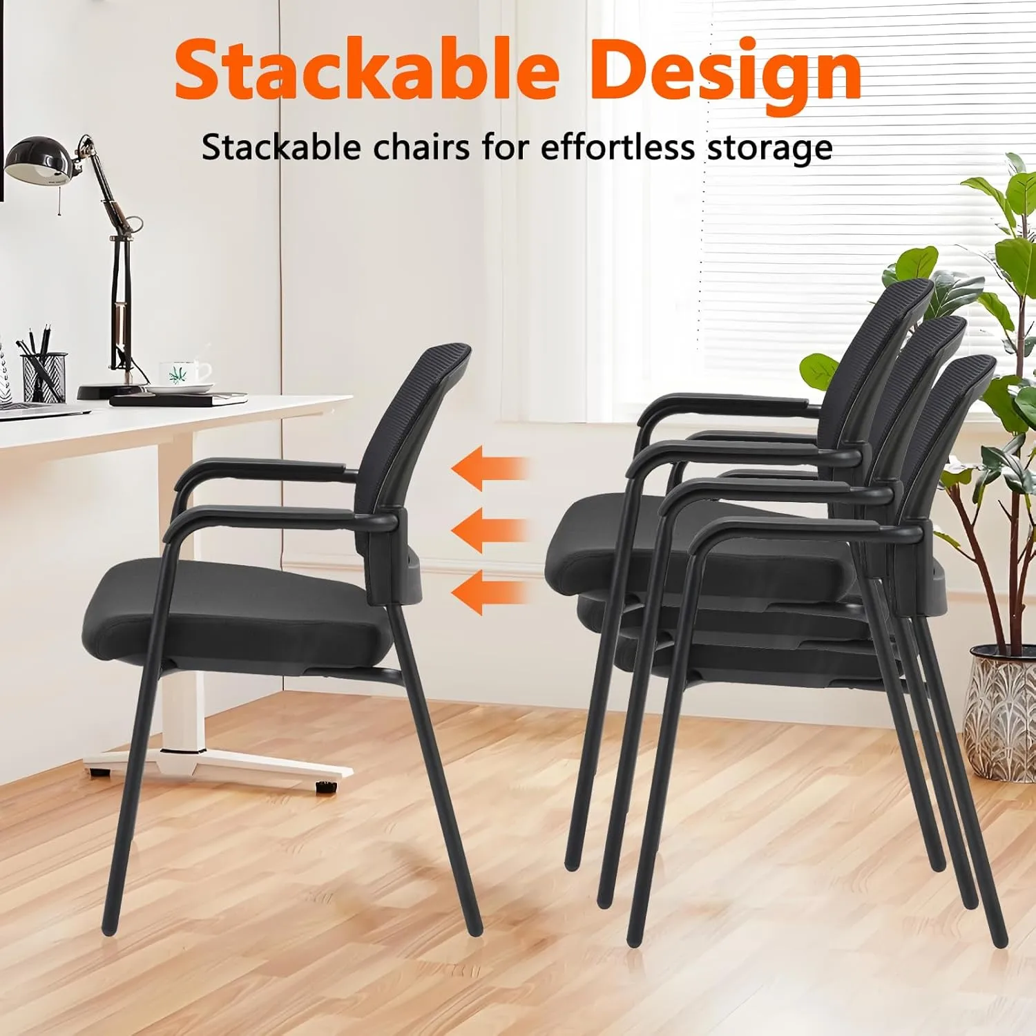 CLATINA Office Reception Guest Chair Mesh Back Stacking with Ergonomic Lumbar Support and Thickened Seat Cushion for Waiting Conference Room Black 4 Pack