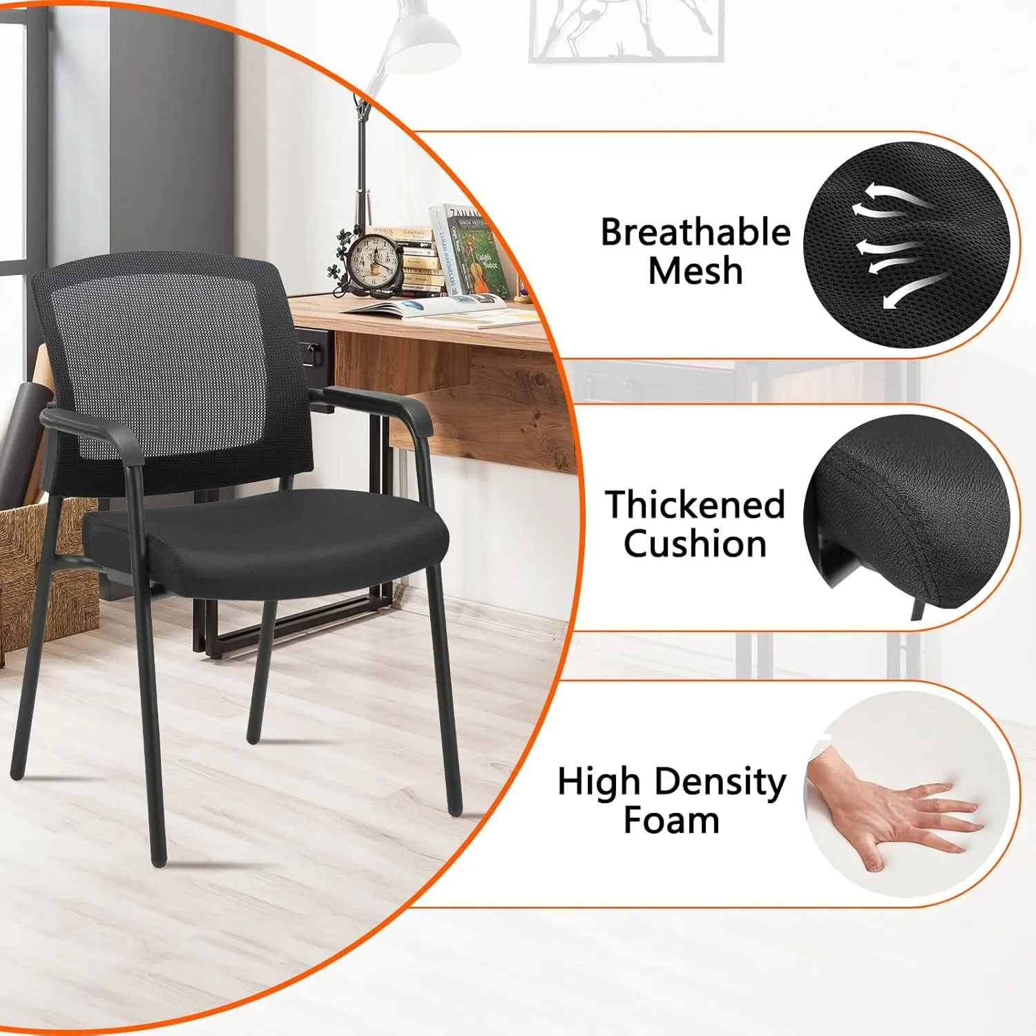 CLATINA Office Reception Guest Chair Mesh Back Stacking with Ergonomic Lumbar Support and Thickened Seat Cushion for Waiting Conference Room Black 4 Pack