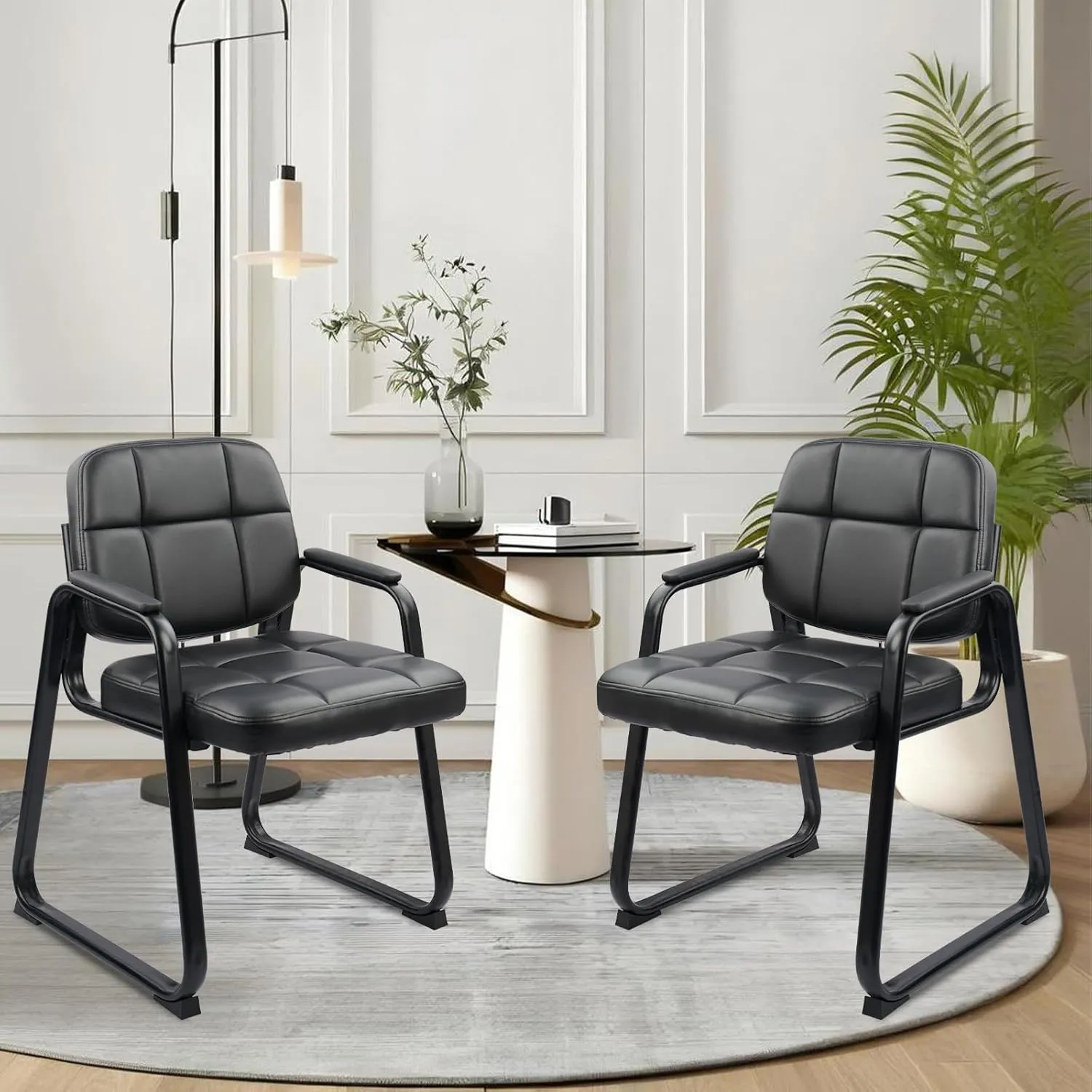 CLATINA Waiting Room Guest Chair with Bonded Leather Padded Arm Rest for Office Reception and Conference Desk Black with Sled Base 4 Pack
