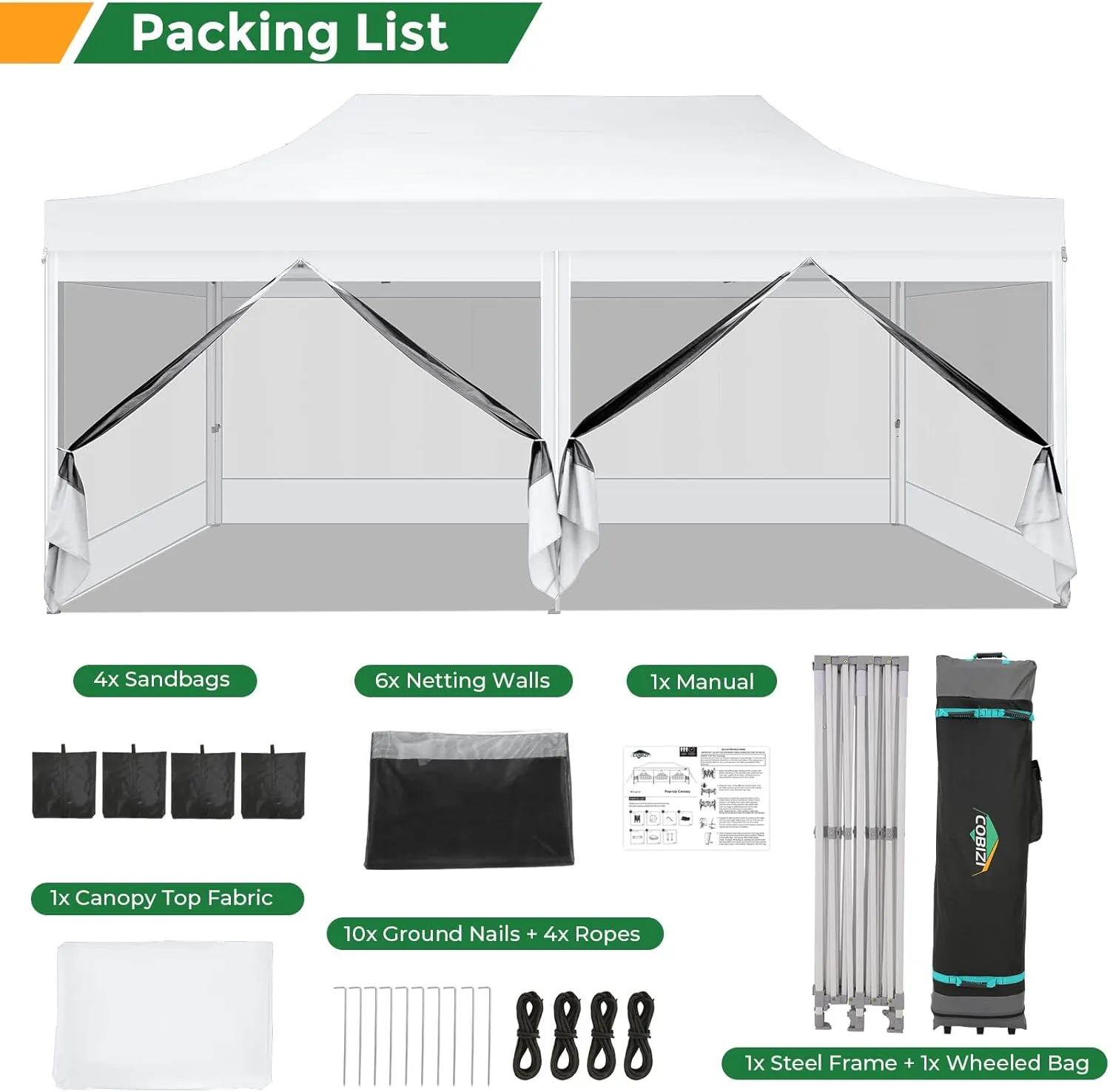 COBIZI 10x20 Heavy Duty Pop Up Canopy Tent with 6 Sidewalls, Commercial Gazebo Party Tent with Mosquito Netting Wall Easy Set Up Outdoor Instant Screen Tent for Backyard, Patio, Garden, White