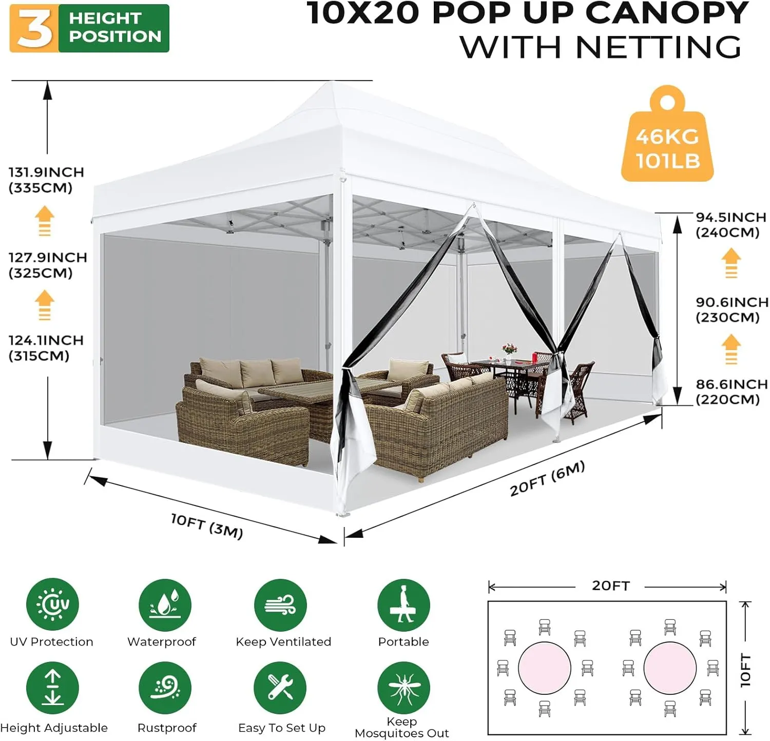 COBIZI 10x20 Heavy Duty Pop Up Canopy Tent with 6 Sidewalls, Commercial Gazebo Party Tent with Mosquito Netting Wall Easy Set Up Outdoor Instant Screen Tent for Backyard, Patio, Garden, White