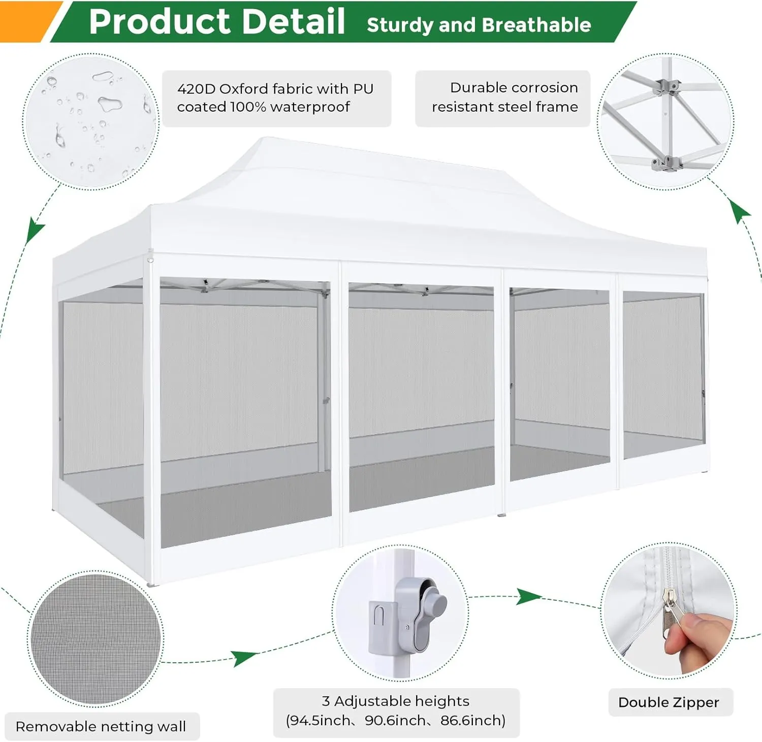 COBIZI 10x20 Heavy Duty Pop Up Canopy Tent with 6 Sidewalls, Commercial Gazebo Party Tent with Mosquito Netting Wall Easy Set Up Outdoor Instant Screen Tent for Backyard, Patio, Garden, White