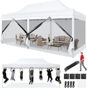 COBIZI 10x20 Heavy Duty Pop Up Canopy Tent with 6 Sidewalls, Commercial Gazebo Party Tent with Mosquito Netting Wall Easy Set Up Outdoor Instant Screen Tent for Backyard, Patio, Garden, White