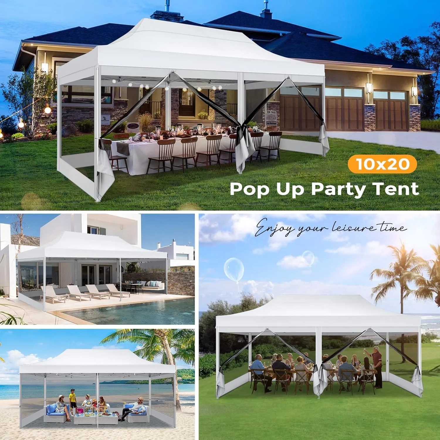COBIZI 10x20 Heavy Duty Pop Up Canopy Tent with 6 Sidewalls, Commercial Gazebo Party Tent with Mosquito Netting Wall Easy Set Up Outdoor Instant Screen Tent for Backyard, Patio, Garden, White