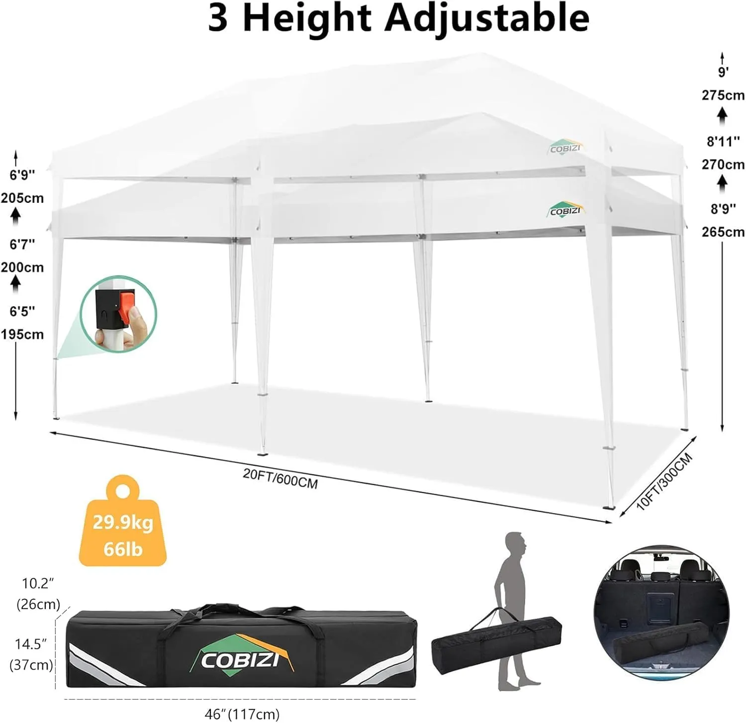 COBIZI 10x20 Pop Up Canopy Tent with Removable Sidewalls Waterproof Commercial Instant Shelter Outdoor Gazebo Party Tent Protable Canopy Tents for Parties with Carry Bag (White, 10'x20')