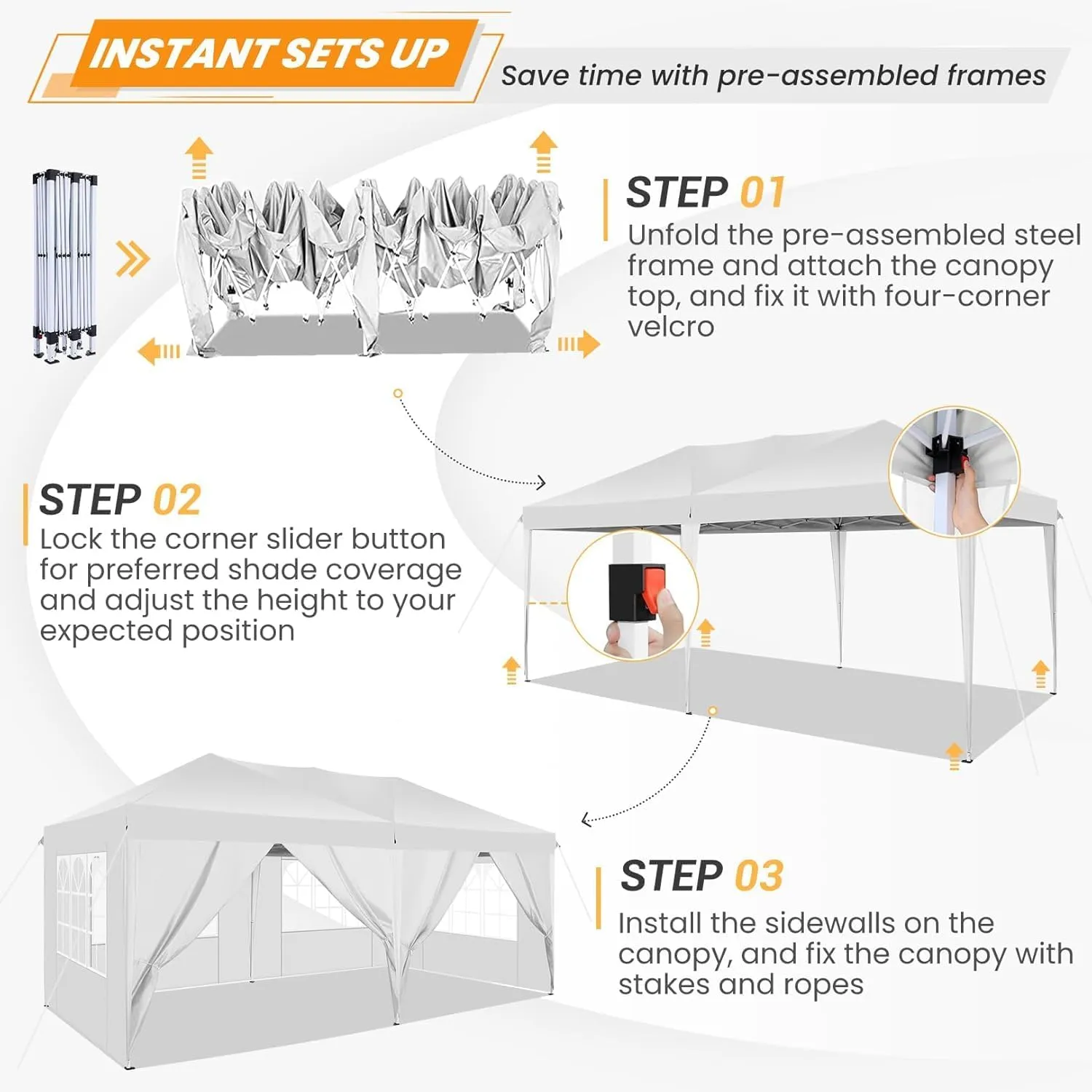 COBIZI 10x20 Pop Up Canopy Tent with Removable Sidewalls Waterproof Commercial Instant Shelter Outdoor Gazebo Party Tent Protable Canopy Tents for Parties with Carry Bag (White, 10'x20')