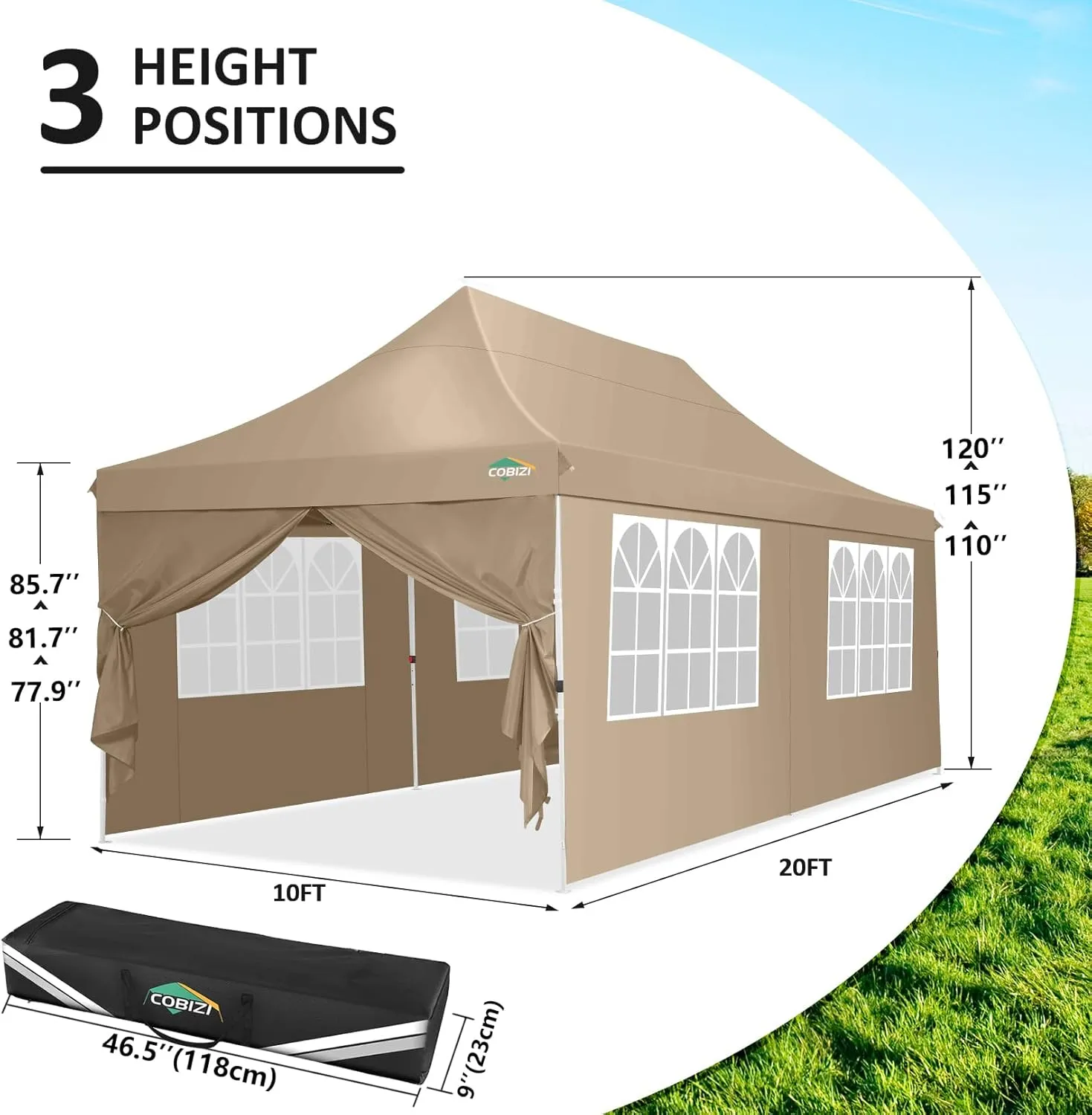COBIZI 10x20 Pop Up Canopy with 6 Sidewalls, Conical Party Tent 10x20 with 3 Adjustable Height Waterproof, UV-Resistant EZ Outdoor Gazebo with Carry Bag, Sandbag, Stake, Rope for Parties, Commercial