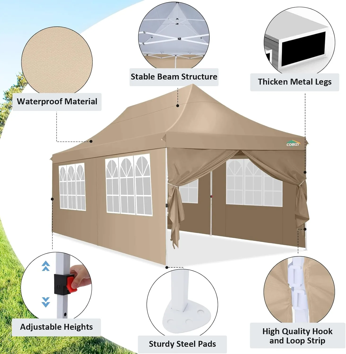COBIZI 10x20 Pop Up Canopy with 6 Sidewalls, Conical Party Tent 10x20 with 3 Adjustable Height Waterproof, UV-Resistant EZ Outdoor Gazebo with Carry Bag, Sandbag, Stake, Rope for Parties, Commercial