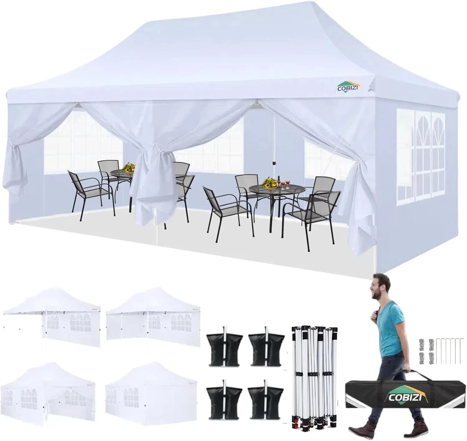 COBIZI 10x20 Pop Up Canopy with 6 Sidewalls,Waterproof Instant Party Tents for Weddings & Parties, Easy Up Commercial Canopy Tent,UPF 50  UV Protection, 3-Height Adjustable Frame & 4 Sandbags White