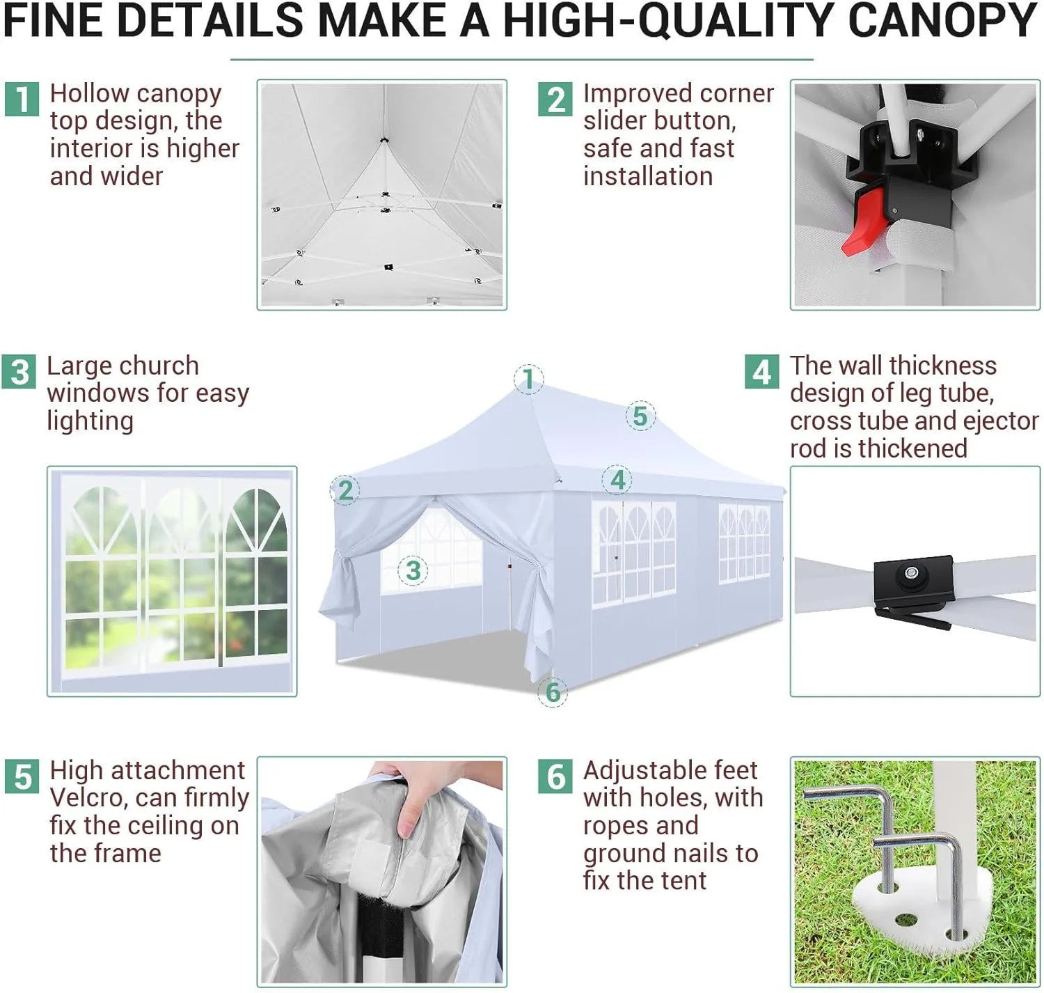 COBIZI 10x20 Pop Up Canopy with 6 Sidewalls,Waterproof Instant Party Tents for Weddings & Parties, Easy Up Commercial Canopy Tent,UPF 50  UV Protection, 3-Height Adjustable Frame & 4 Sandbags White