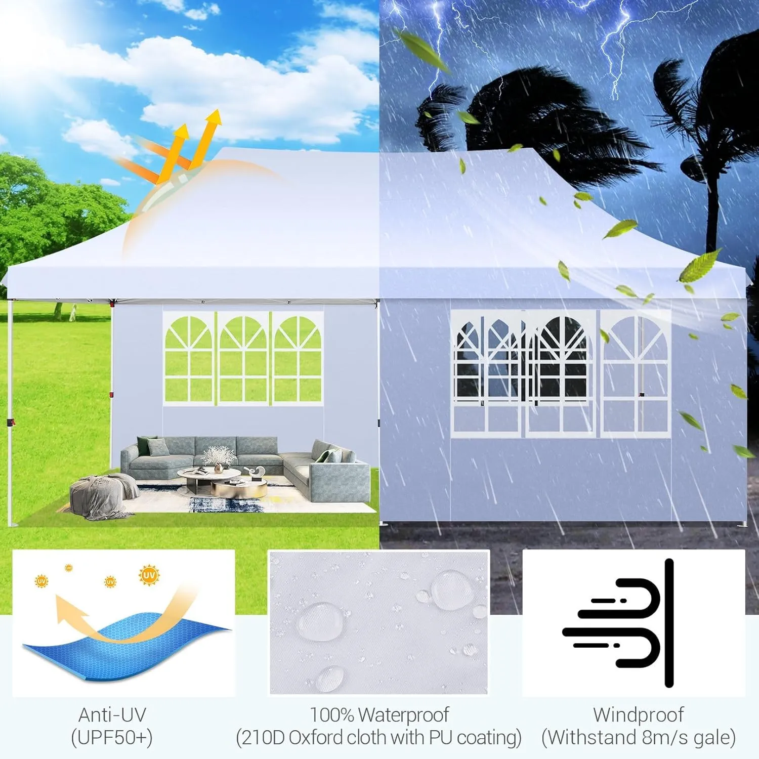 COBIZI 10x20 Pop Up Canopy with 6 Sidewalls,Waterproof Instant Party Tents for Weddings & Parties, Easy Up Commercial Canopy Tent,UPF 50  UV Protection, 3-Height Adjustable Frame & 4 Sandbags White
