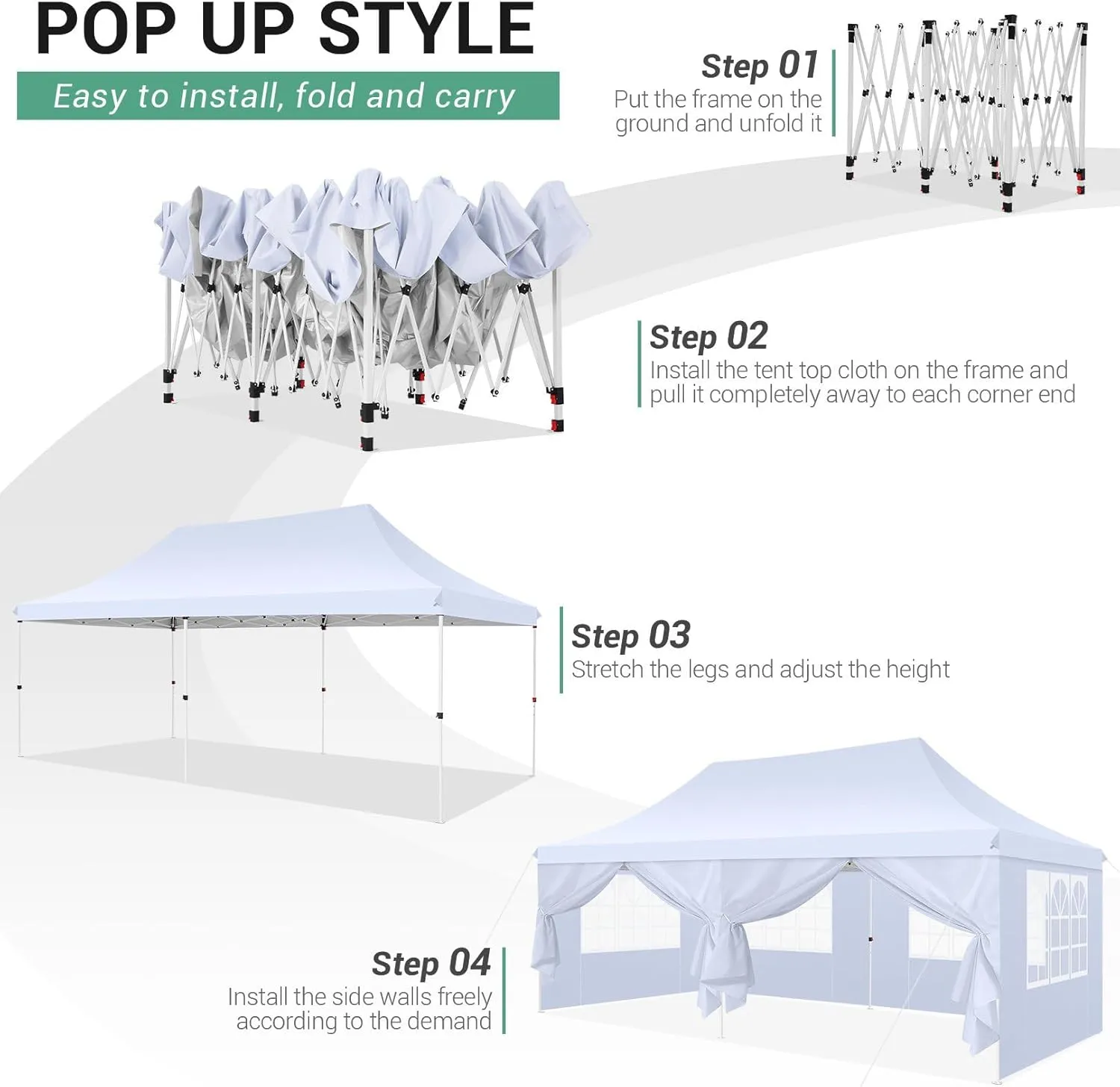COBIZI 10x20 Pop Up Canopy with 6 Sidewalls,Waterproof Instant Party Tents for Weddings & Parties, Easy Up Commercial Canopy Tent,UPF 50  UV Protection, 3-Height Adjustable Frame & 4 Sandbags White