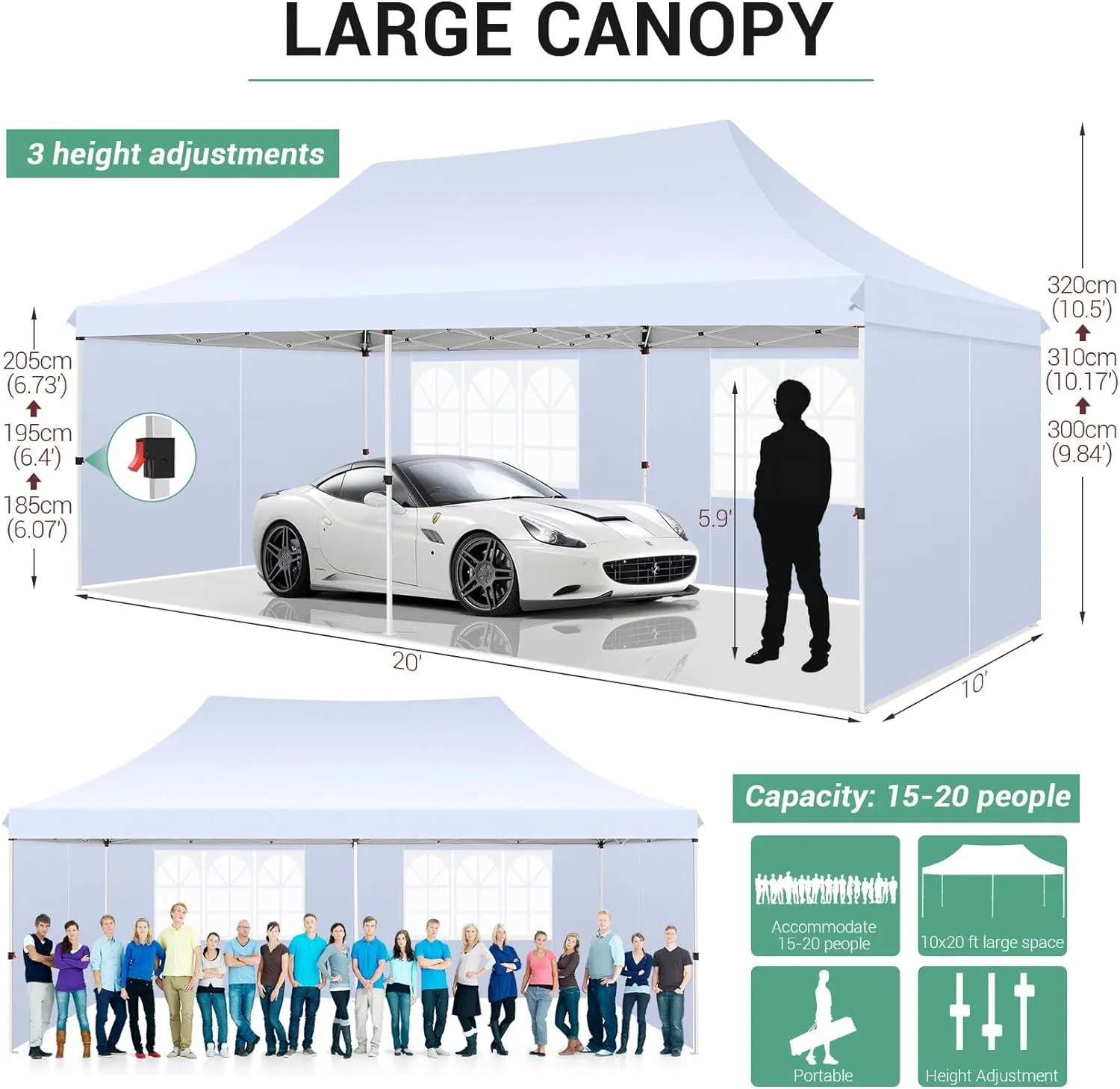 COBIZI 10x20 Pop Up Canopy with 6 Sidewalls,Waterproof Instant Party Tents for Weddings & Parties, Easy Up Commercial Canopy Tent,UPF 50  UV Protection, 3-Height Adjustable Frame & 4 Sandbags White