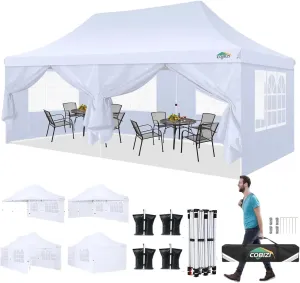 COBIZI 10x20 Pop Up Canopy with 6 Sidewalls,Waterproof Instant Party Tents for Weddings & Parties, Easy Up Commercial Canopy Tent,UPF 50  UV Protection, 3-Height Adjustable Frame & 4 Sandbags White