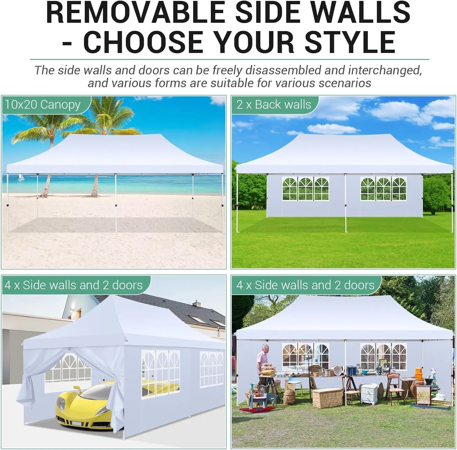 COBIZI 10x20 Pop Up Canopy with 6 Sidewalls,Waterproof Instant Party Tents for Weddings & Parties, Easy Up Commercial Canopy Tent,UPF 50  UV Protection, 3-Height Adjustable Frame & 4 Sandbags White