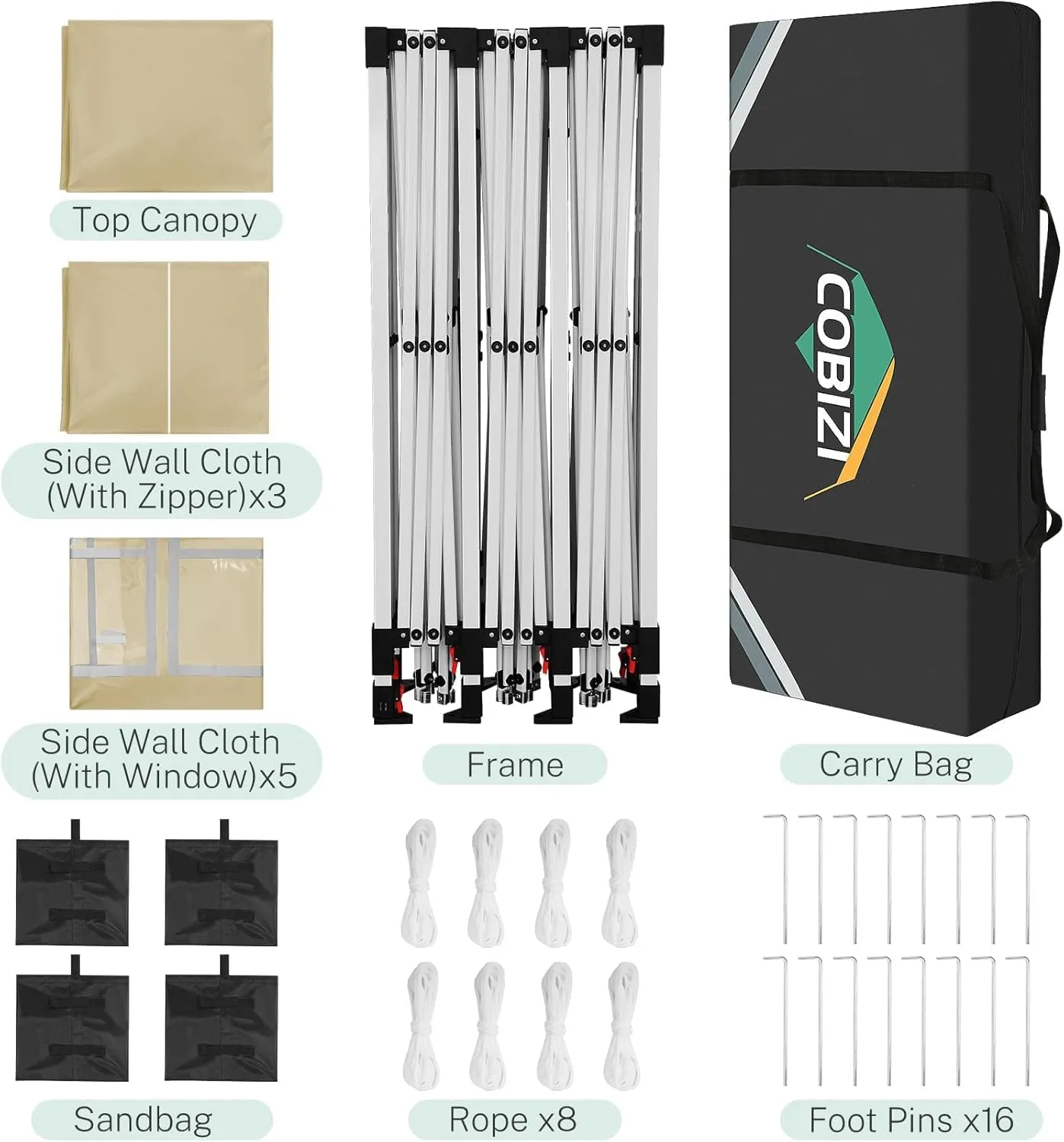 COBIZI 10x30 Pop Up Canopy Tent with 8 Removable Sidewalls Waterproof Commercial Instant Shelter Outdoor Party Tent Portable Canopy Tent for Parties with Carry Bag and 4 Sandbags (Khaki, 10'x30')