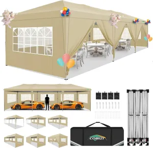 COBIZI 10x30 Pop Up Canopy Tent with 8 Removable Sidewalls Waterproof Commercial Instant Shelter Outdoor Party Tent Portable Canopy Tent for Parties with Carry Bag and 4 Sandbags (Khaki, 10'x30')