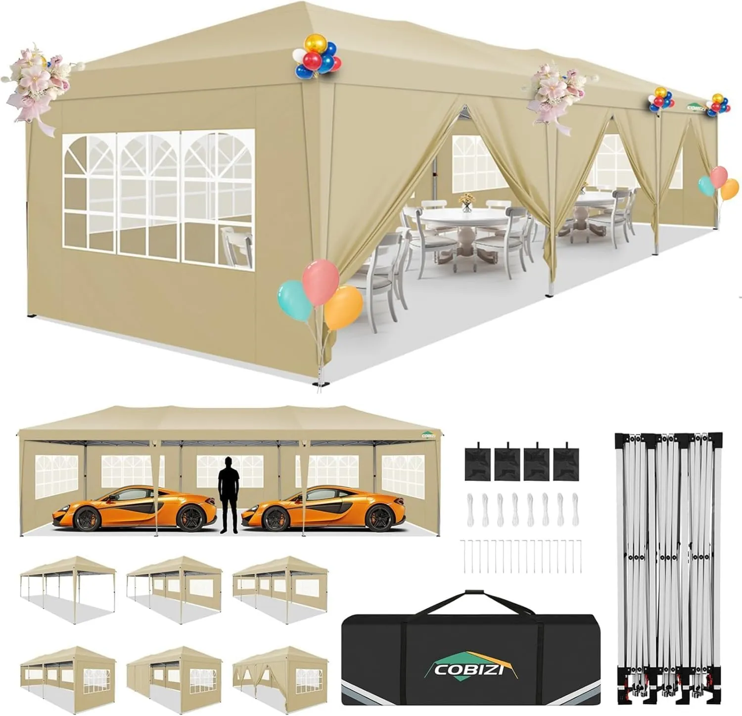 COBIZI 10x30 Pop Up Canopy Tent with 8 Removable Sidewalls Waterproof Commercial Instant Shelter Outdoor Party Tent Portable Canopy Tent for Parties with Carry Bag and 4 Sandbags (Khaki, 10'x30')
