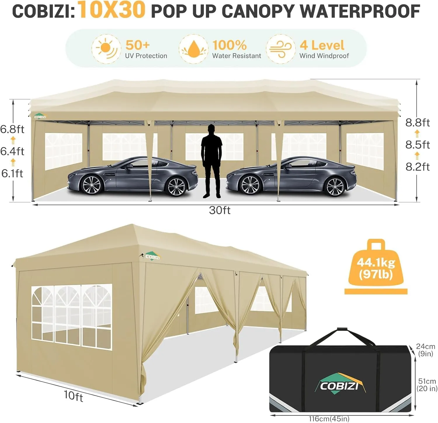 COBIZI 10x30 Pop Up Canopy Tent with 8 Removable Sidewalls Waterproof Commercial Instant Shelter Outdoor Party Tent Portable Canopy Tent for Parties with Carry Bag and 4 Sandbags (Khaki, 10'x30')