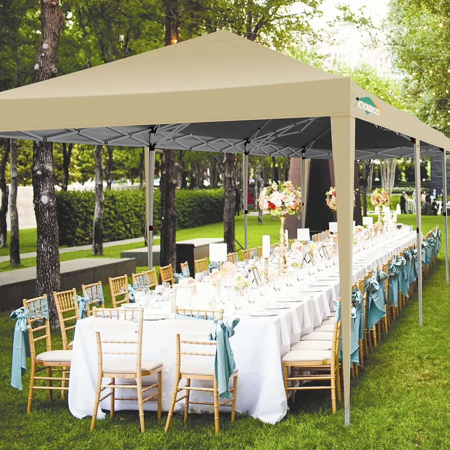 COBIZI 10x30 Pop Up Canopy Tent with 8 Removable Sidewalls Waterproof Commercial Instant Shelter Outdoor Party Tent Portable Canopy Tent for Parties with Carry Bag and 4 Sandbags (Khaki, 10'x30')