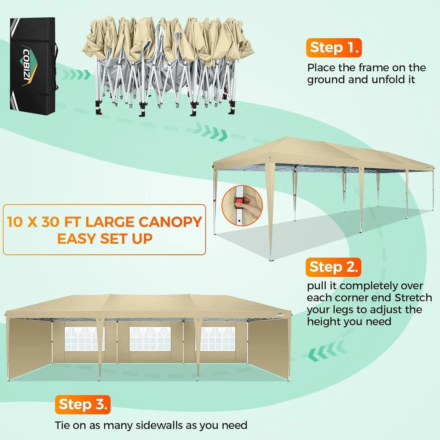 COBIZI 10x30 Pop Up Canopy Tent with 8 Removable Sidewalls Waterproof Commercial Instant Shelter Outdoor Party Tent Portable Canopy Tent for Parties with Carry Bag and 4 Sandbags (Khaki, 10'x30')