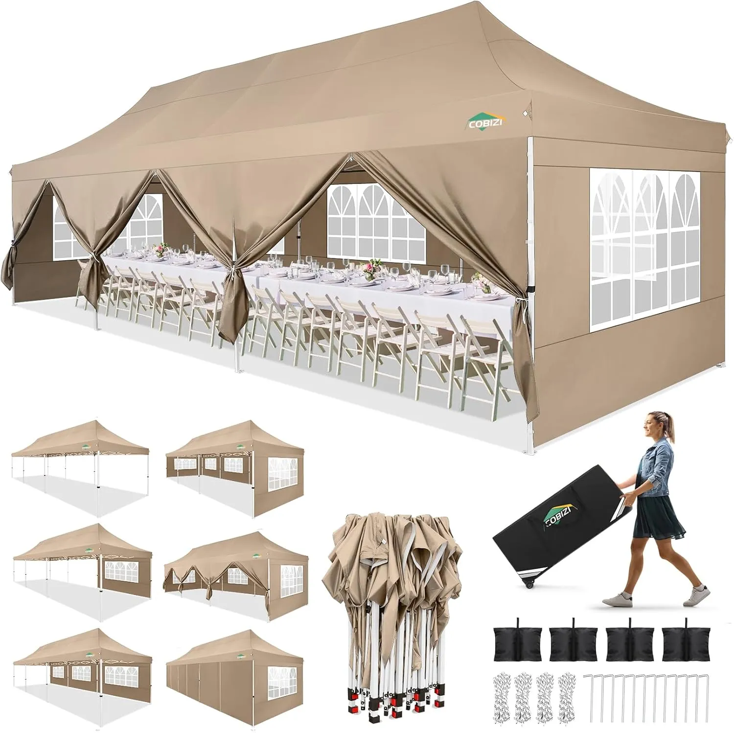COBIZI 10x30 Pop up Canopy with 8 Removable Sidewalls, Outdoor Canopy Waterproof Commercial Tents for Parties Wedding, with Upgrade Raised Top Cover and Roller Bag, with 4 Sandbags(Khaki)