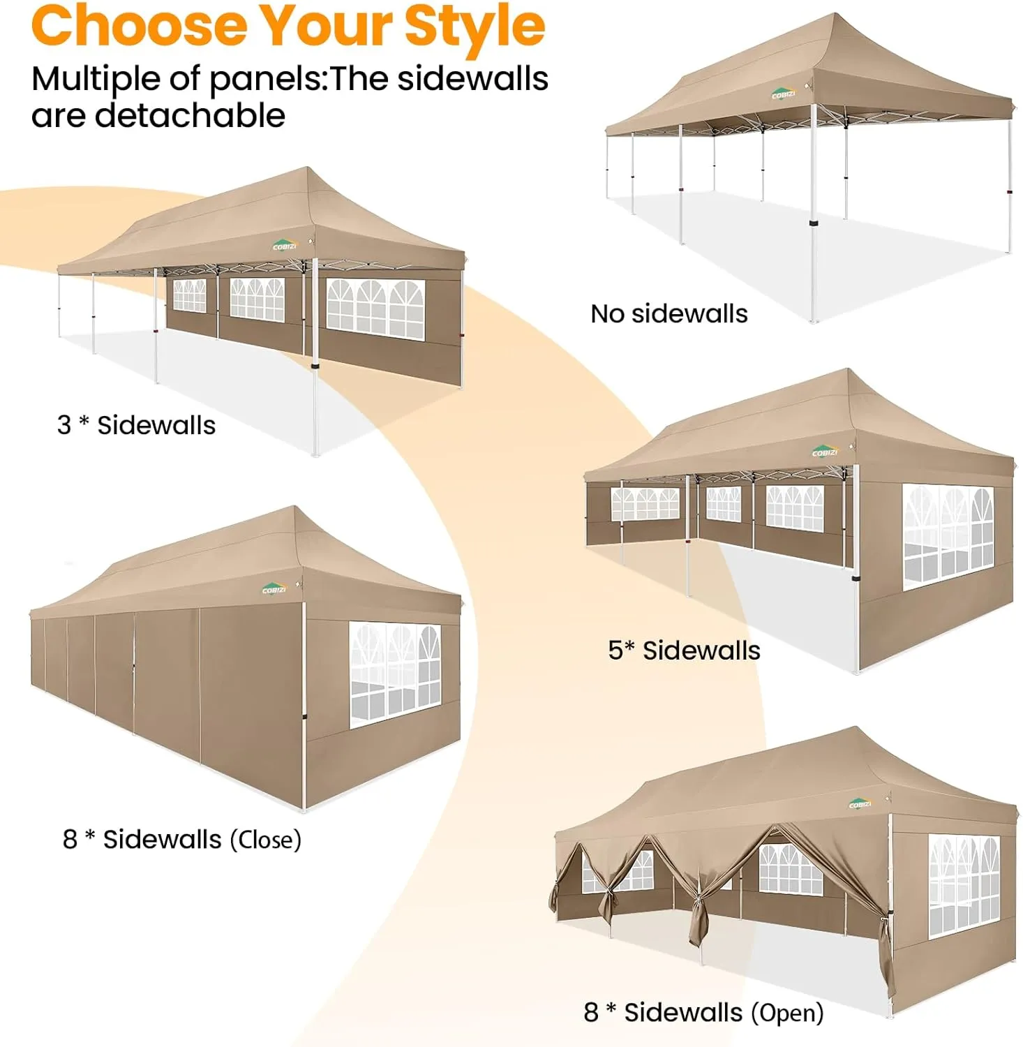 COBIZI 10x30 Pop up Canopy with 8 Removable Sidewalls, Outdoor Canopy Waterproof Commercial Tents for Parties Wedding, with Upgrade Raised Top Cover and Roller Bag, with 4 Sandbags(Khaki)