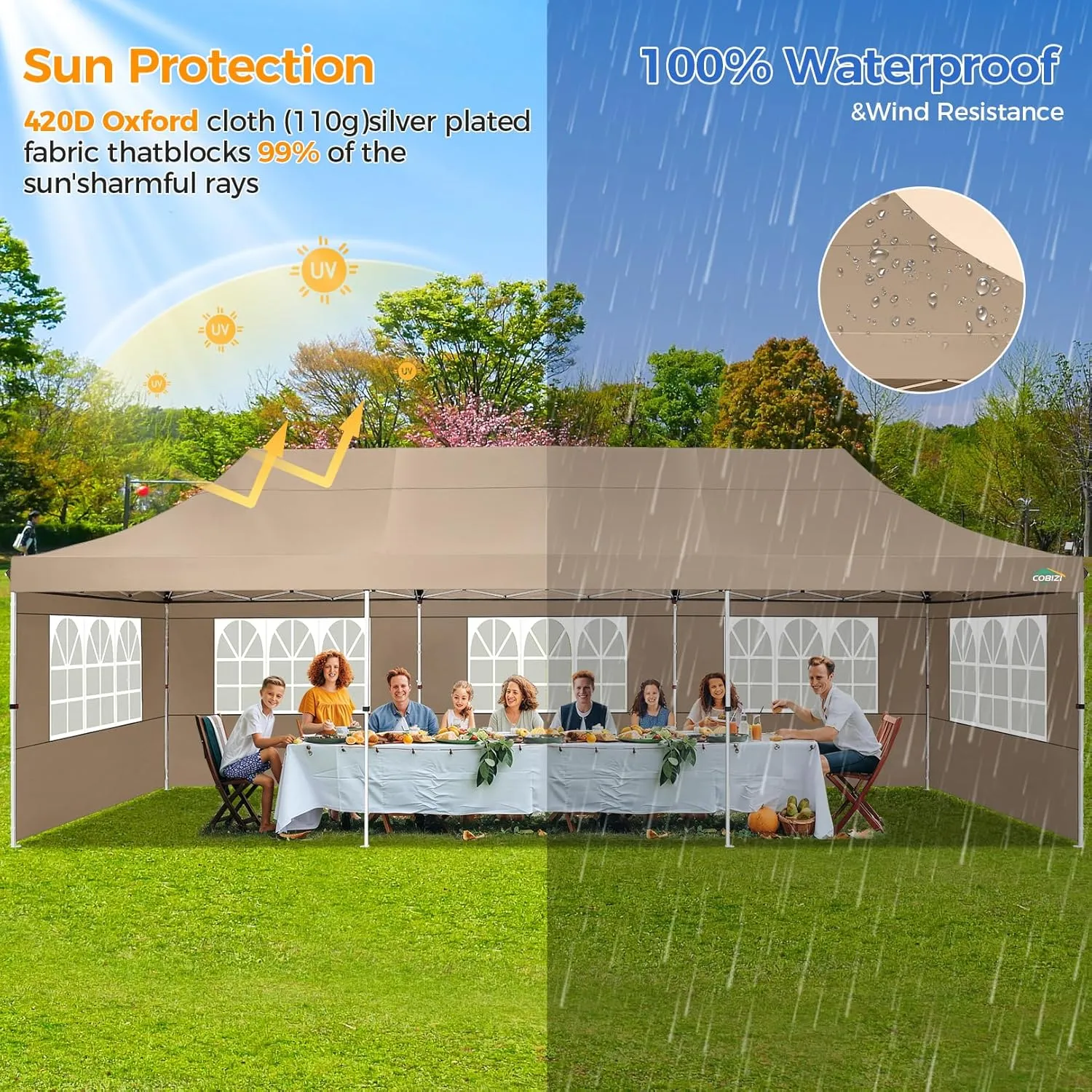 COBIZI 10x30 Pop up Canopy with 8 Removable Sidewalls, Outdoor Canopy Waterproof Commercial Tents for Parties Wedding, with Upgrade Raised Top Cover and Roller Bag, with 4 Sandbags(Khaki)